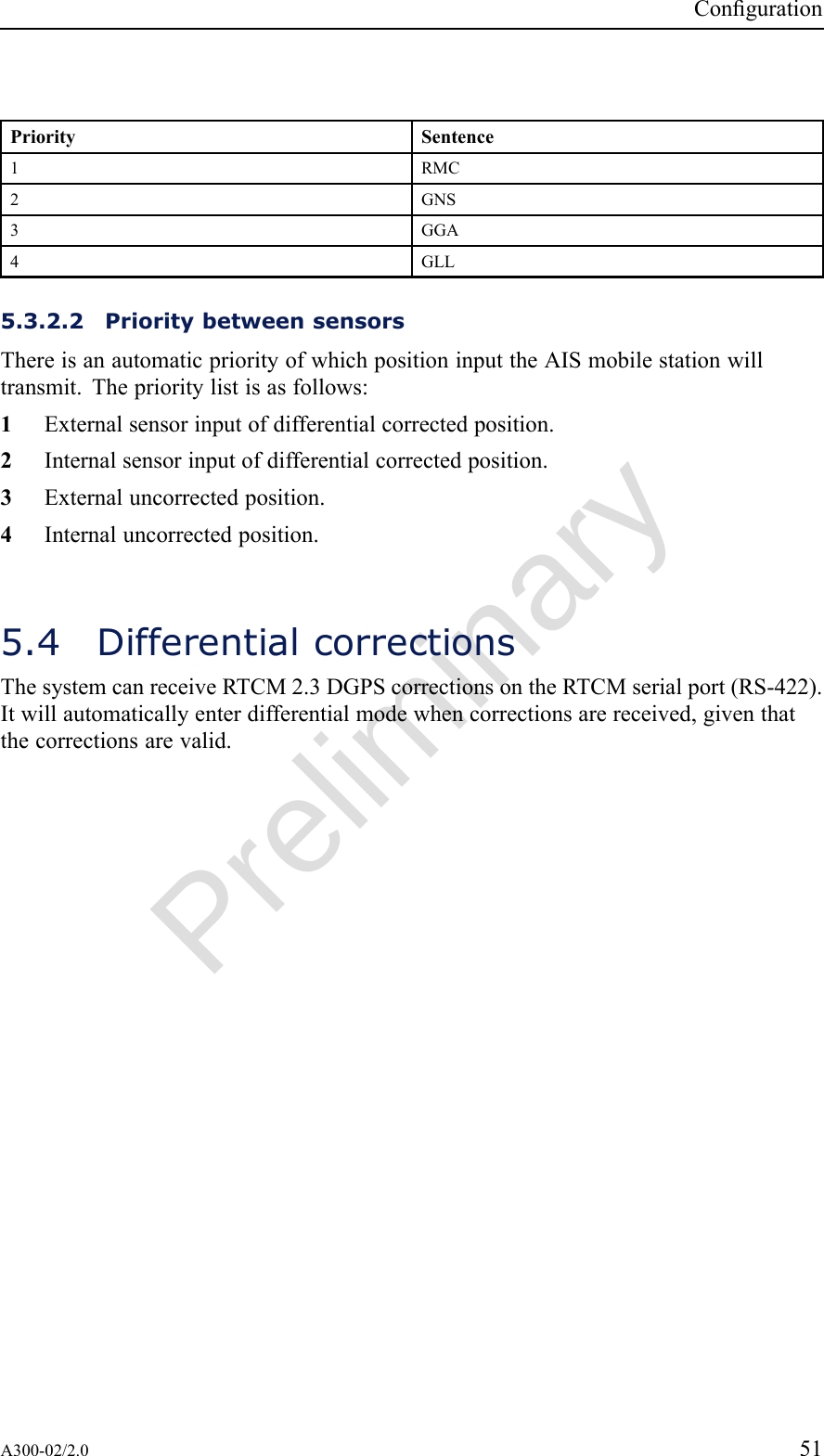 PreliminaryCongurationPrioritySentence1RMC2GNS3GGA4GLL5.3.2.2PrioritybetweensensorsThereisanautomaticpriorityofwhichpositioninputtheAISmobilestationwilltransmit.Theprioritylistisasfollows:1Externalsensorinputofdifferentialcorrectedposition.2Internalsensorinputofdifferentialcorrectedposition.3Externaluncorrectedposition.4Internaluncorrectedposition.5.4DifferentialcorrectionsThesystemcanreceiveRTCM2.3DGPScorrectionsontheRTCMserialport(RS-422).Itwillautomaticallyenterdifferentialmodewhencorrectionsarereceived,giventhatthecorrectionsarevalid.A300-02/2.051