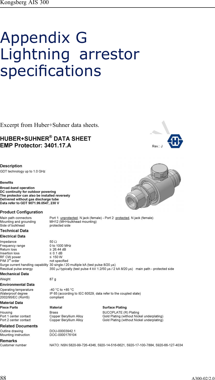 PreliminaryKongsbergAIS300AppendixGLightningarrestorspecicationsExcerptfromHuber+Suhnerdatasheets.88A300-02/2.0