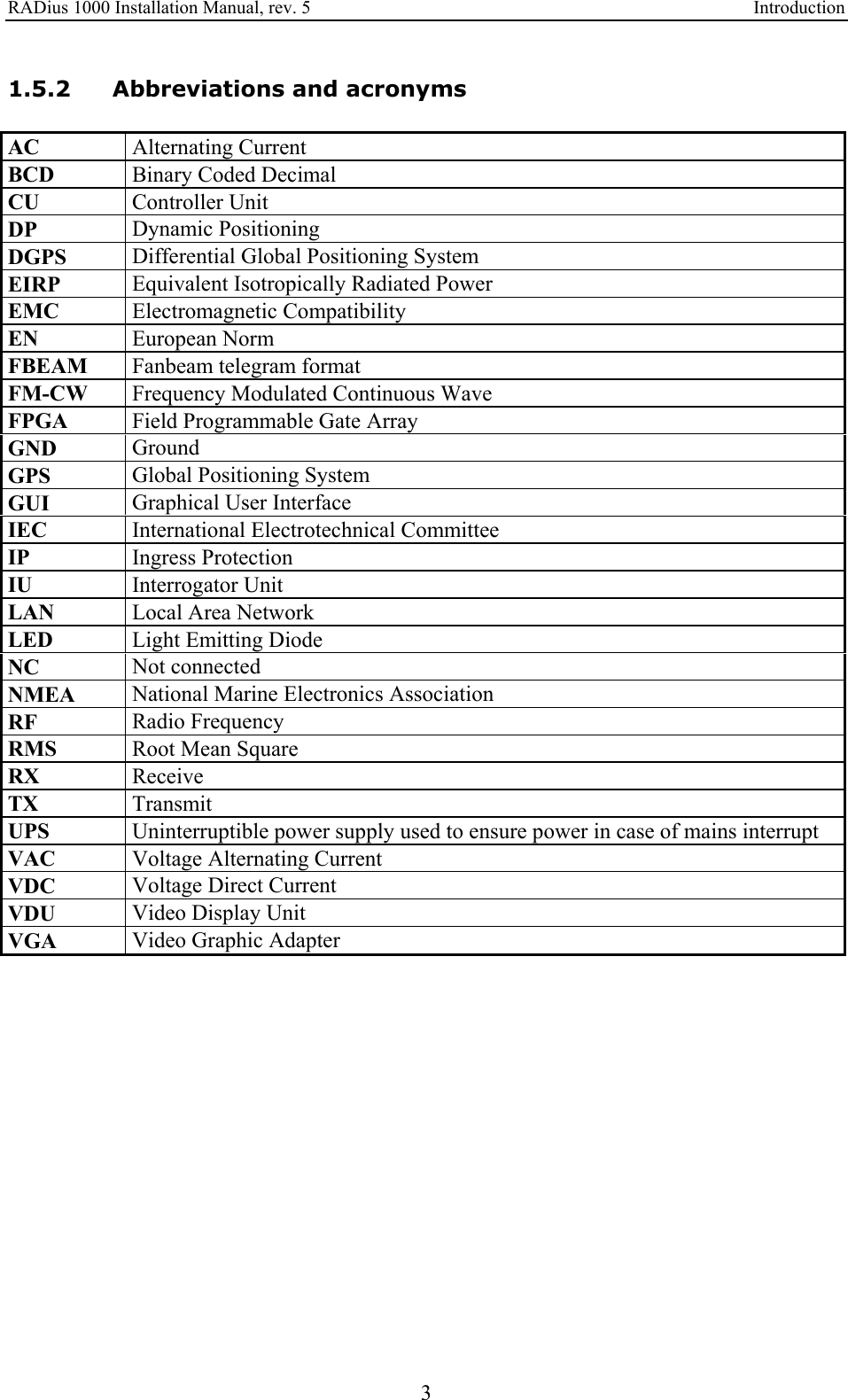 RADius 1000 Installation Manual, rev. 5    Introduction 3 1.5.2 Abbreviations and acronyms AC  Alternating Current BCD  Binary Coded Decimal CU  Controller Unit DP  Dynamic Positioning DGPS  Differential Global Positioning System EIRP  Equivalent Isotropically Radiated Power EMC  Electromagnetic Compatibility EN  European Norm FBEAM  Fanbeam telegram format FM-CW  Frequency Modulated Continuous Wave FPGA  Field Programmable Gate Array GND  Ground GPS  Global Positioning System GUI  Graphical User Interface IEC  International Electrotechnical Committee IP  Ingress Protection IU  Interrogator Unit LAN  Local Area Network LED  Light Emitting Diode NC  Not connected NMEA  National Marine Electronics Association RF  Radio Frequency RMS  Root Mean Square RX  Receive TX  Transmit UPS  Uninterruptible power supply used to ensure power in case of mains interrupt VAC  Voltage Alternating Current VDC  Voltage Direct Current VDU  Video Display Unit VGA  Video Graphic Adapter  