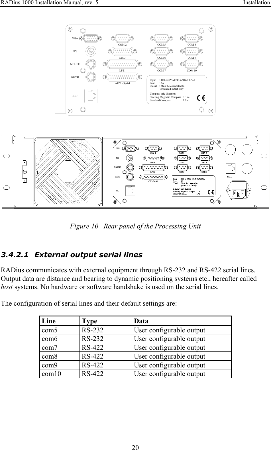 RADius 1000 Installation Manual, rev. 5    Installation 20 NETMOUSEKEYBVGAPPSAUX - SerialLPT1MRUgrounded outlet onlyCompass safe distance:Steering Magnetic Compass : 1.1 mStandard Compass                : 1.9 m : 100-240VAC/47-63Hz/100VA : Must be connected to : 2AInput Fuse Class1COM 6COM 7 COM 10COM 9COM 2 COM 5 COM 8     Figure 10   Rear panel of the Processing Unit   3.4.2.1 External output serial lines RADius communicates with external equipment through RS-232 and RS-422 serial lines. Output data are distance and bearing to dynamic positioning systems etc., hereafter called host systems. No hardware or software handshake is used on the serial lines.  The configuration of serial lines and their default settings are:  Line Type  Data com5  RS-232  User configurable output com6  RS-232  User configurable output com7  RS-422  User configurable output com8  RS-422  User configurable output com9  RS-422  User configurable output com10  RS-422  User configurable output   