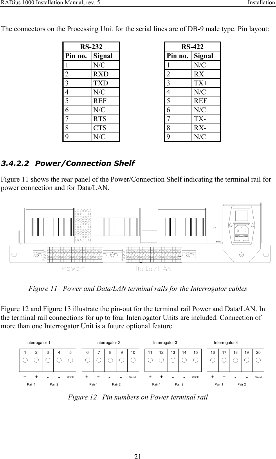 RADius 1000 Installation Manual, rev. 5    Installation 21 The connectors on the Processing Unit for the serial lines are of DB-9 male type. Pin layout:  RS-232  RS-422 Pin no.  Signal    Pin no. Signal 1 N/C   1 N/C 2 RXD   2 RX+ 3 TXD   3 TX+ 4 N/C   4 N/C 5 REF   5 REF 6 N/C   6 N/C 7 RTS   7 TX- 8 CTS   8 RX- 9 N/C   9 N/C   3.4.2.2 Power/Connection Shelf Figure 11 shows the rear panel of the Power/Connection Shelf indicating the terminal rail for power connection and for Data/LAN.   Figure 11   Power and Data/LAN terminal rails for the Interrogator cables  Figure 12 and Figure 13 illustrate the pin-out for the terminal rail Power and Data/LAN. In the terminal rail connections for up to four Interrogator Units are included. Connection of more than one Interrogator Unit is a future optional feature.  ++ -Shield-++-Shield-++-Shield-++-Shield-Interrogator 1 Interrogator 2 Interrogator 3 Interrogator 4Pair 1 Pair 2 Pair 1 Pair 2 Pair 1 Pair 2 Pair 1 Pair 212345 678910 1112131415 1617181920 Figure 12   Pin numbers on Power terminal rail  