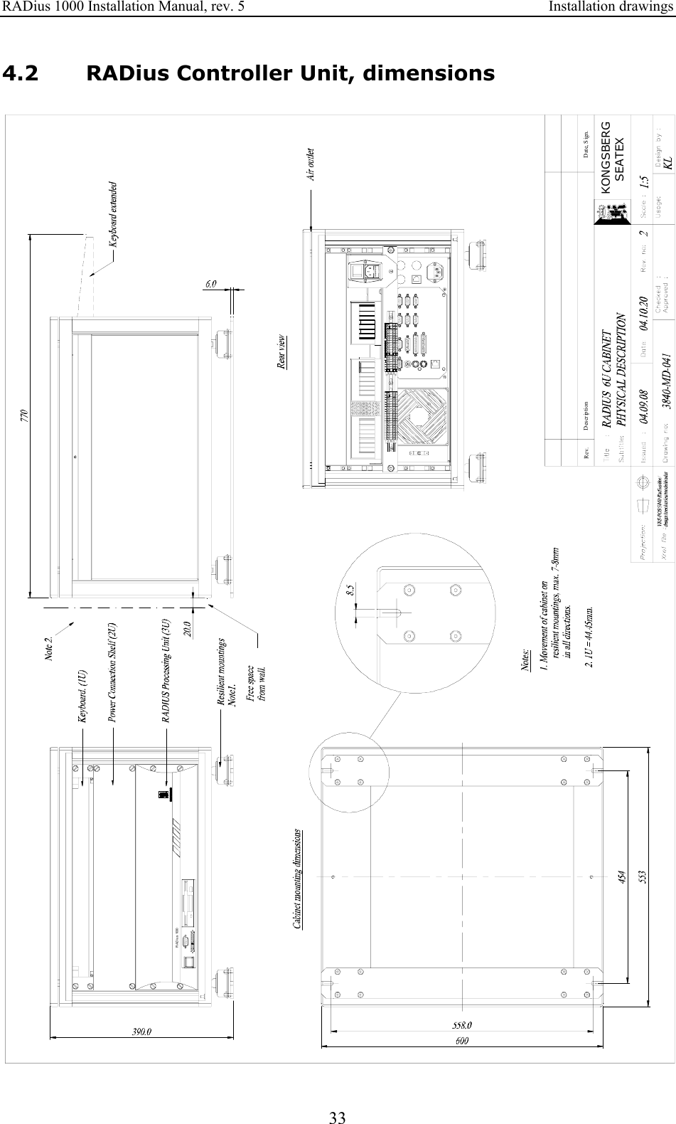 RADius 1000 Installation Manual, rev. 5    Installation drawings 33 4.2 RADius Controller Unit, dimensions Rev. Description Date, Sign.R AD i us  1000SEATEXKONGSBERG 