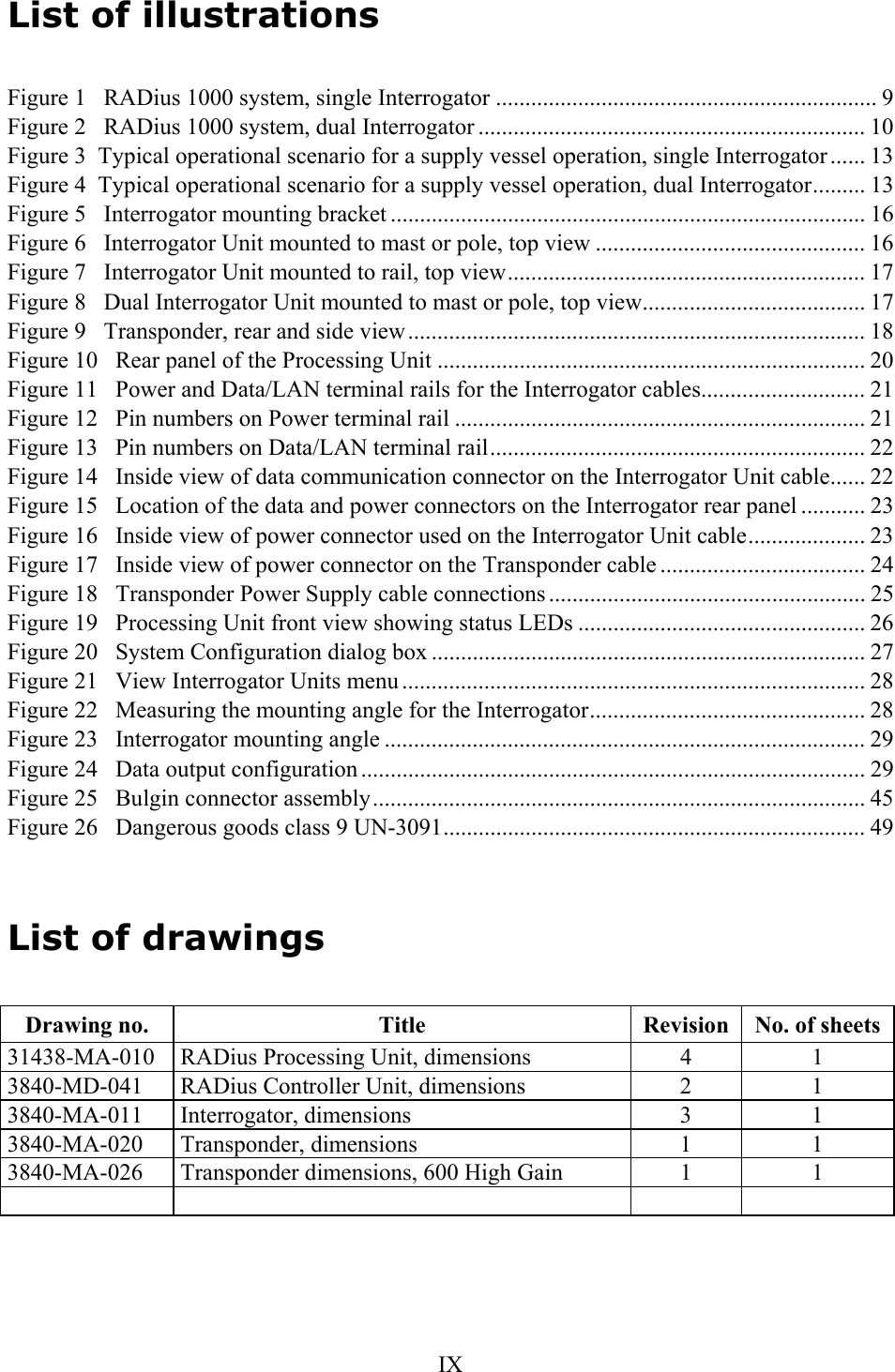   IXList of illustrations  Figure 1   RADius 1000 system, single Interrogator ................................................................. 9 Figure 2   RADius 1000 system, dual Interrogator .................................................................. 10 Figure 3  Typical operational scenario for a supply vessel operation, single Interrogator ...... 13 Figure 4  Typical operational scenario for a supply vessel operation, dual Interrogator......... 13 Figure 5   Interrogator mounting bracket ................................................................................. 16 Figure 6   Interrogator Unit mounted to mast or pole, top view .............................................. 16 Figure 7   Interrogator Unit mounted to rail, top view............................................................. 17 Figure 8   Dual Interrogator Unit mounted to mast or pole, top view...................................... 17 Figure 9   Transponder, rear and side view.............................................................................. 18 Figure 10   Rear panel of the Processing Unit ......................................................................... 20 Figure 11   Power and Data/LAN terminal rails for the Interrogator cables............................ 21 Figure 12   Pin numbers on Power terminal rail ...................................................................... 21 Figure 13   Pin numbers on Data/LAN terminal rail................................................................ 22 Figure 14   Inside view of data communication connector on the Interrogator Unit cable...... 22 Figure 15   Location of the data and power connectors on the Interrogator rear panel ........... 23 Figure 16   Inside view of power connector used on the Interrogator Unit cable.................... 23 Figure 17   Inside view of power connector on the Transponder cable ................................... 24 Figure 18   Transponder Power Supply cable connections ...................................................... 25 Figure 19   Processing Unit front view showing status LEDs ................................................. 26 Figure 20   System Configuration dialog box .......................................................................... 27 Figure 21   View Interrogator Units menu ............................................................................... 28 Figure 22   Measuring the mounting angle for the Interrogator............................................... 28 Figure 23   Interrogator mounting angle .................................................................................. 29 Figure 24   Data output configuration ...................................................................................... 29 Figure 25   Bulgin connector assembly.................................................................................... 45 Figure 26   Dangerous goods class 9 UN-3091........................................................................ 49   List of drawings  Drawing no.  Title  Revision  No. of sheets 31438-MA-010  RADius Processing Unit, dimensions  4  1 3840-MD-041  RADius Controller Unit, dimensions  2  1 3840-MA-011 Interrogator, dimensions  3  1 3840-MA-020 Transponder, dimensions  1  1 3840-MA-026  Transponder dimensions, 600 High Gain  1  1       