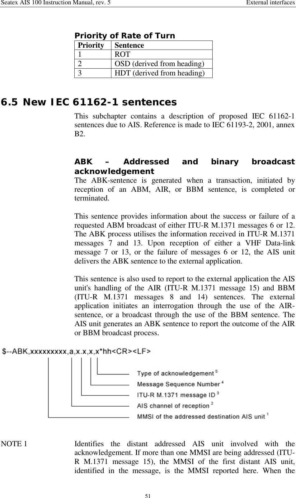 Seatex AIS 100 Instruction Manual, rev. 5 External interfaces51Priority of Rate of TurnPriority Sentence1ROT2 OSD (derived from heading)3 HDT (derived from heading)6.5 New IEC 61162-1 sentencesThis subchapter contains a description of proposed IEC 61162-1sentences due to AIS. Reference is made to IEC 61193-2, 2001, annexB2.ABK – Addressed and binary broadcastacknowledgementThe ABK-sentence is generated when a transaction, initiated byreception of an ABM, AIR, or BBM sentence, is completed orterminated.This sentence provides information about the success or failure of arequested ABM broadcast of either ITU-R M.1371 messages 6 or 12.The ABK process utilises the information received in ITU-R M.1371messages 7 and 13. Upon reception of either a VHF Data-linkmessage 7 or 13, or the failure of messages 6 or 12, the AIS unitdelivers the ABK sentence to the external application.This sentence is also used to report to the external application the AISunit&apos;s handling of the AIR (ITU-R M.1371 message 15) and BBM(ITU-R M.1371 messages 8 and 14) sentences. The externalapplication initiates an interrogation through the use of the AIR-sentence, or a broadcast through the use of the BBM sentence. TheAIS unit generates an ABK sentence to report the outcome of the AIRor BBM broadcast process.NOTE 1  Identifies the distant addressed AIS unit involved with theacknowledgement. If more than one MMSI are being addressed (ITU-R M.1371 message 15), the MMSI of the first distant AIS unit,identified in the message, is the MMSI reported here. When the