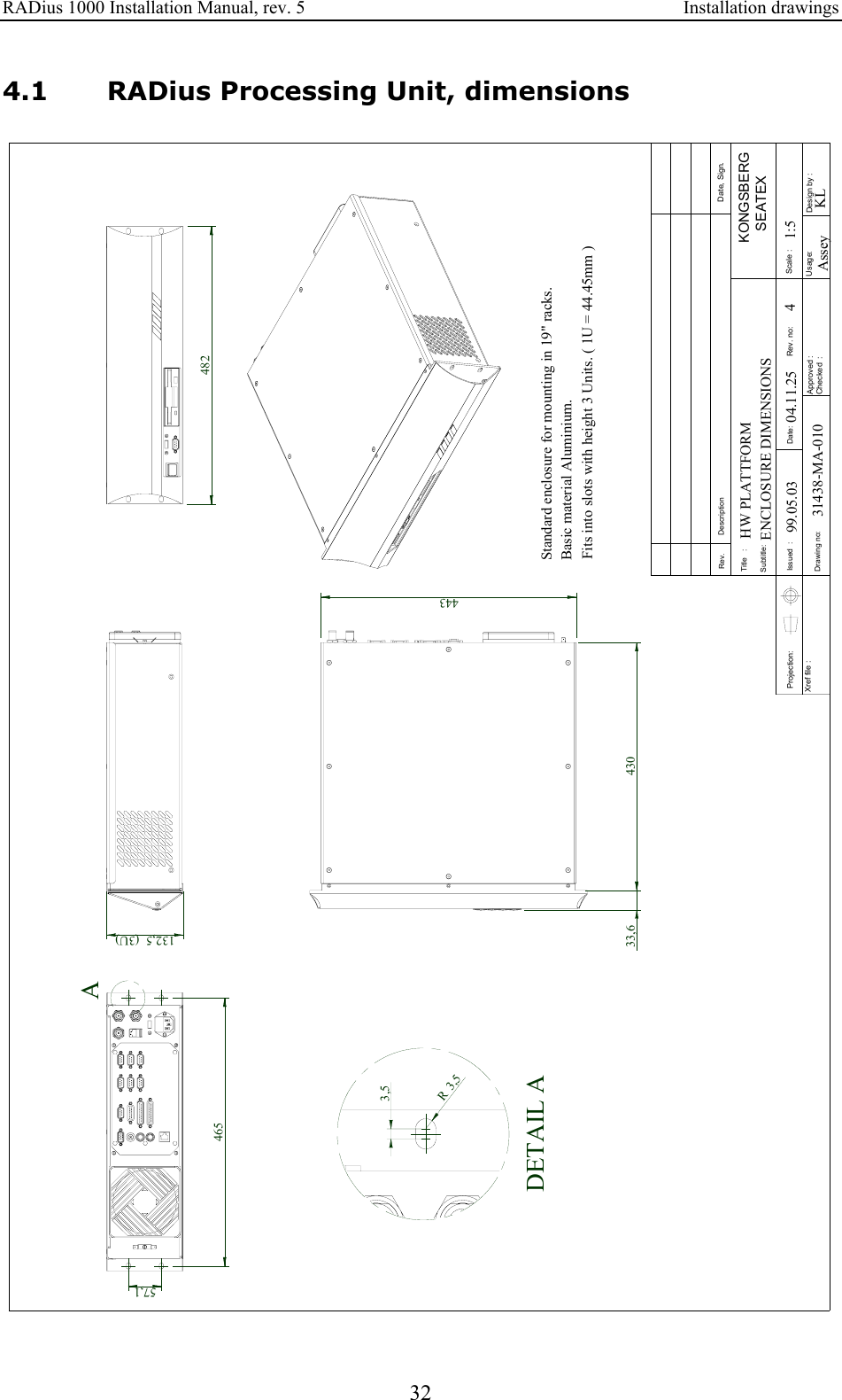 RADius 1000 Installation Manual, rev. 5    Installation drawings 32 4.1 RADius Processing Unit, dimensions Approved :Checked  :Subtitle:Title   :Issued  :Drawing no:Xref file : Projection:Rev. DescriptionDate:Date, Sign.Design by :Usage:Rev. no: Scale :31438-MA-010HW PLATTFORM1:5KL99.05.03 04.11.25 4Standard enclosure for mounting in 19&quot; racks.Basic material Aluminium.Fits into slots with height 3 Units. ( 1U = 44.45mm ) ENCLOSURE DIMENSIONSKONGSBERG   SEATEXAssey44343033,646557,1132,5 (3U)482DETAIL A3,5R3,5A  