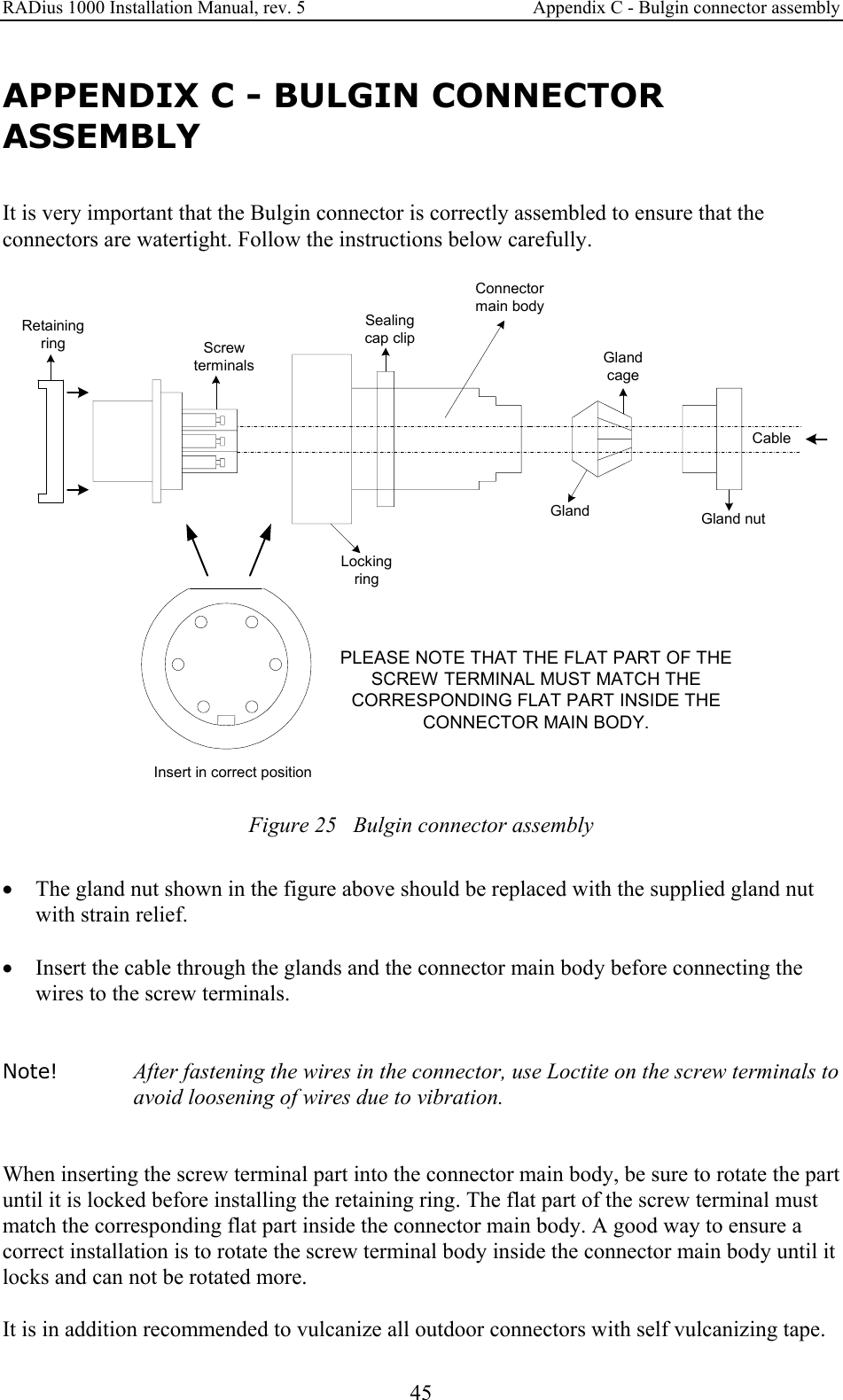 RADius 1000 Installation Manual, rev. 5    Appendix C - Bulgin connector assembly 45 APPENDIX C - BULGIN CONNECTOR ASSEMBLY It is very important that the Bulgin connector is correctly assembled to ensure that the connectors are watertight. Follow the instructions below carefully.  CableGland nutGlandGlandcageSealingcap clipScrewterminalsLockingringRetainingringInsert in correct positionPLEASE NOTE THAT THE FLAT PART OF THESCREW TERMINAL MUST MATCH THECORRESPONDING FLAT PART INSIDE THECONNECTOR MAIN BODY.Connectormain body Figure 25   Bulgin connector assembly  • The gland nut shown in the figure above should be replaced with the supplied gland nut with strain relief.   • Insert the cable through the glands and the connector main body before connecting the wires to the screw terminals.    Note! After fastening the wires in the connector, use Loctite on the screw terminals to avoid loosening of wires due to vibration.   When inserting the screw terminal part into the connector main body, be sure to rotate the part until it is locked before installing the retaining ring. The flat part of the screw terminal must match the corresponding flat part inside the connector main body. A good way to ensure a correct installation is to rotate the screw terminal body inside the connector main body until it locks and can not be rotated more.  It is in addition recommended to vulcanize all outdoor connectors with self vulcanizing tape. 