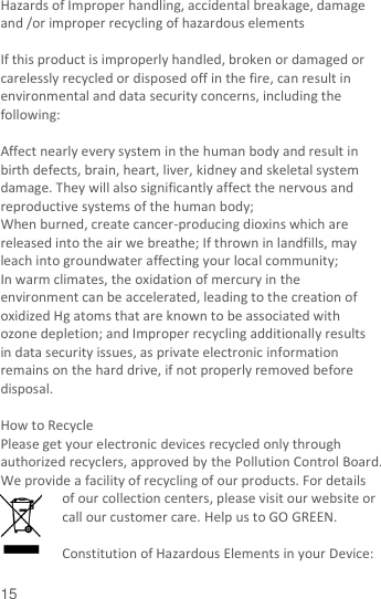  15 Hazards of Improper handling, accidental breakage, damage and /or improper recycling of hazardous elements  If this product is improperly handled, broken or damaged or carelessly recycled or disposed off in the fire, can result in environmental and data security concerns, including the following:    Affect nearly every system in the human body and result in birth defects, brain, heart, liver, kidney and skeletal system damage. They will also significantly affect the nervous and reproductive systems of the human body; When burned, create cancer-producing dioxins which are released into the air we breathe; If thrown in landfills, may leach into groundwater affecting your local community; In warm climates, the oxidation of mercury in the environment can be accelerated, leading to the creation of oxidized Hg atoms that are known to be associated with ozone depletion; and Improper recycling additionally results in data security issues, as private electronic information remains on the hard drive, if not properly removed before disposal.      How to Recycle Please get your electronic devices recycled only through authorized recyclers, approved by the Pollution Control Board. We provide a facility of recycling of our products. For details of our collection centers, please visit our website or call our customer care. Help us to GO GREEN.    Constitution of Hazardous Elements in your Device: 