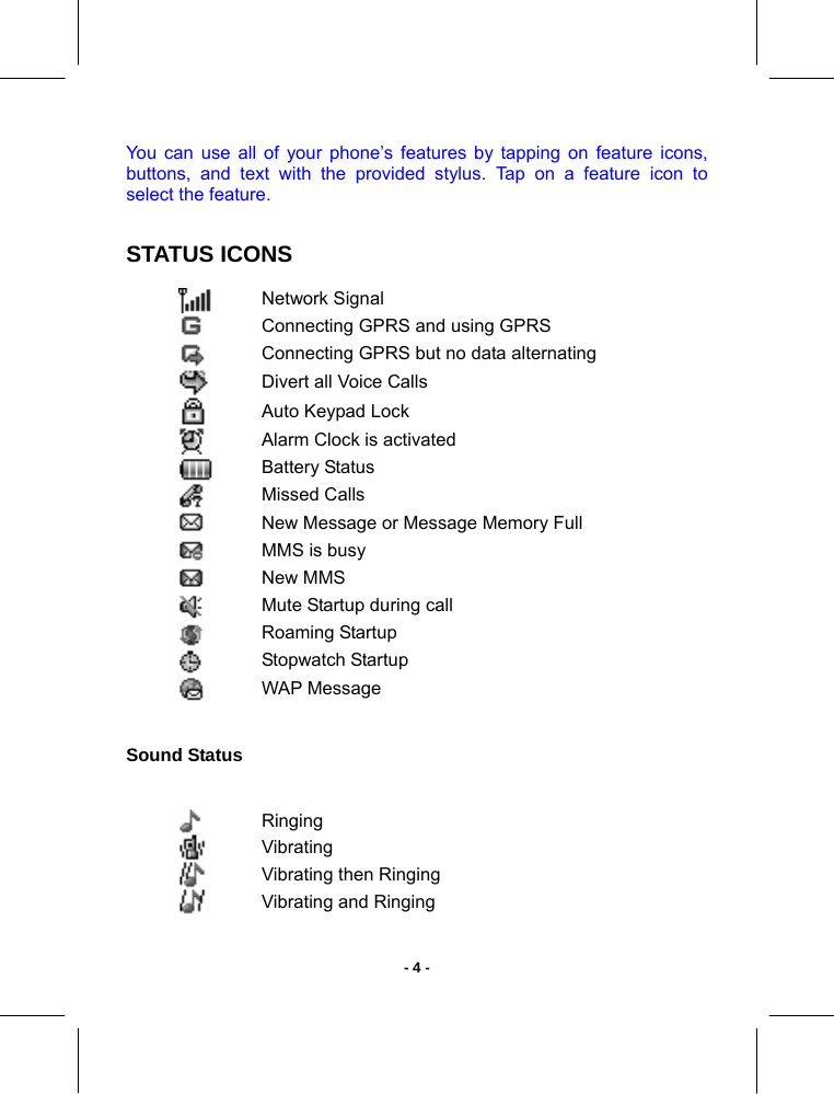   - 4 -You can use all of your phone’s features by tapping on feature icons, buttons, and text with the provided stylus. Tap on a feature icon to select the feature. STATUS ICONS  Network Signal  Connecting GPRS and using GPRS  Connecting GPRS but no data alternating   Divert all Voice Calls  Auto Keypad Lock  Alarm Clock is activated  Battery Status  Missed Calls  New Message or Message Memory Full  MMS is busy  New MMS  Mute Startup during call  Roaming Startup  Stopwatch Startup  WAP Message  Sound Status   Ringing  Vibrating  Vibrating then Ringing  Vibrating and Ringing 