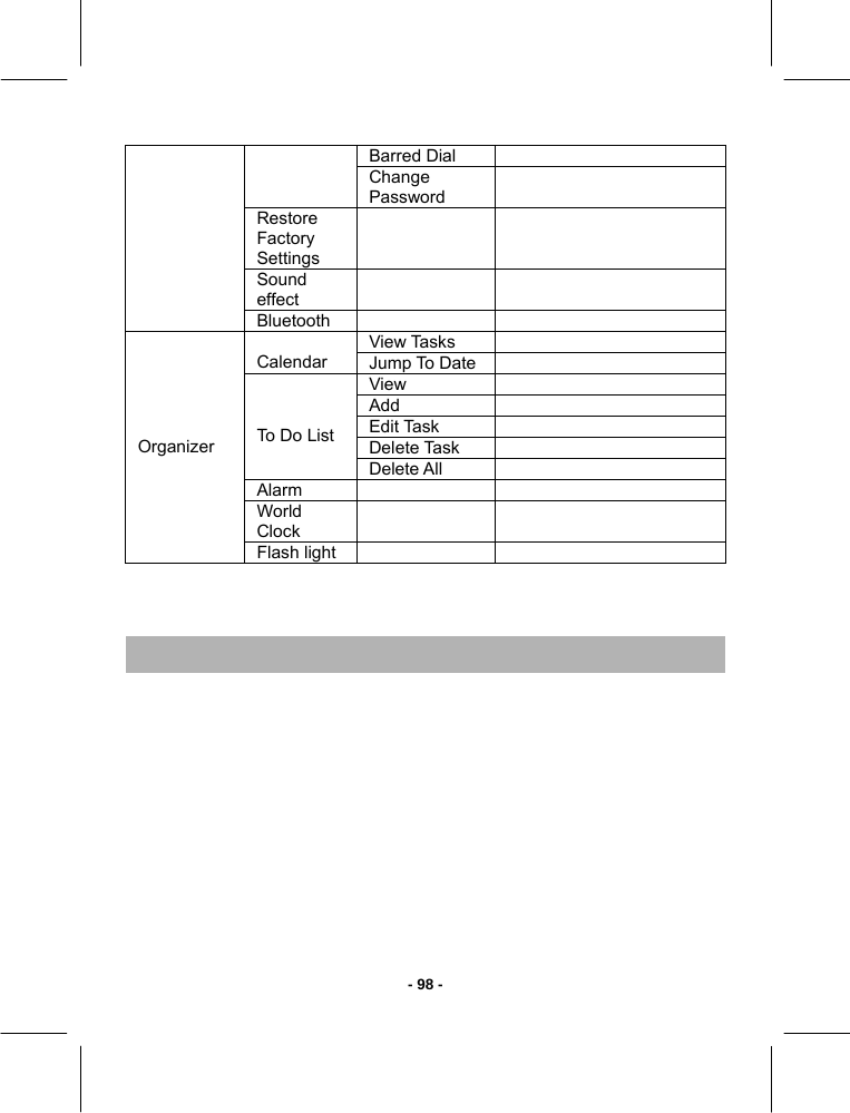   - 98 -Barred Dial   Change Password  Restore Factory Settings   Sound effect    Bluetooth      View Tasks    Calendar  Jump To Date  View  Add  Edit Task   Delete Task    To  Do L i s t Delete All   Alarm    World Clock    Organizer Flash light       