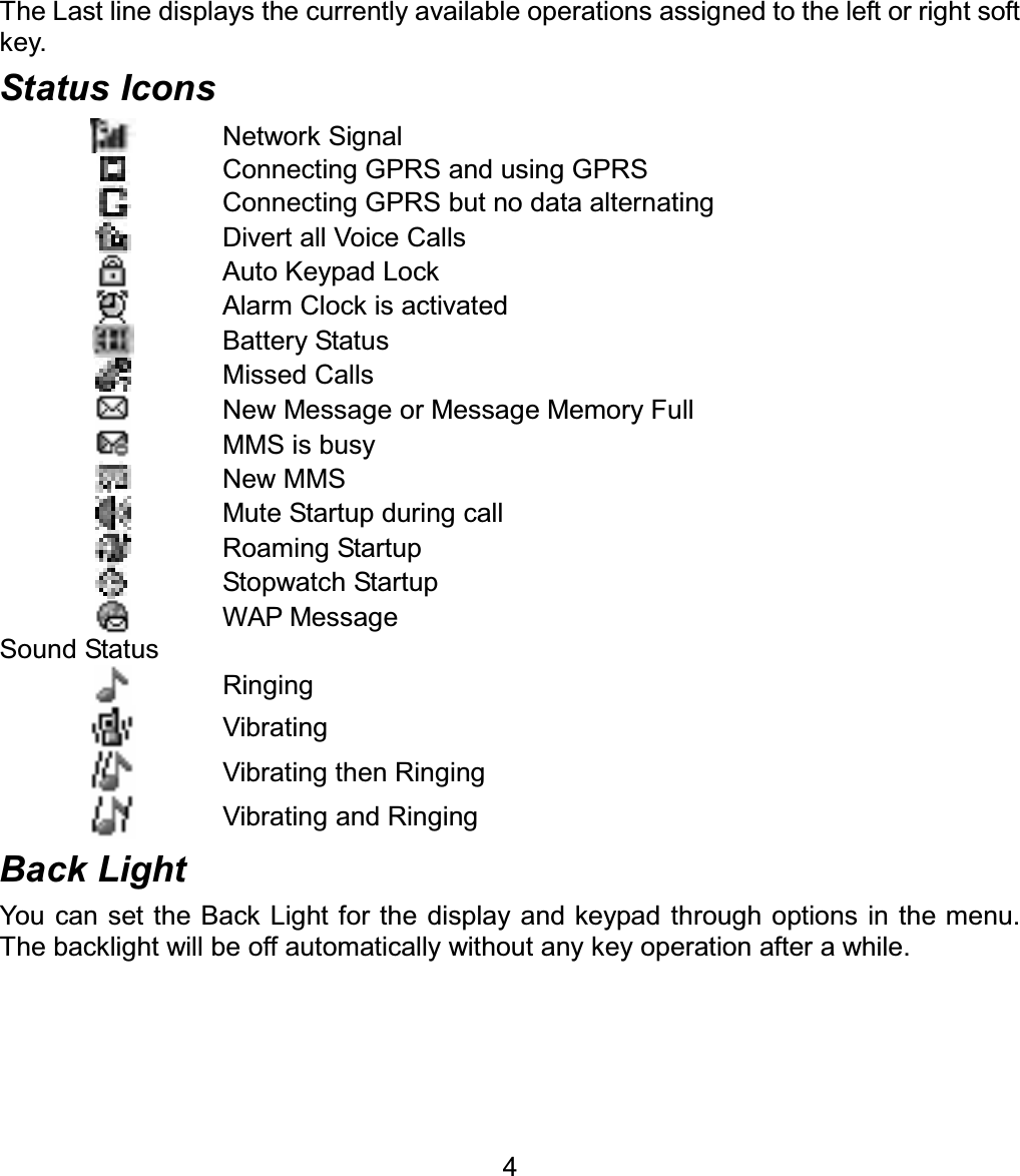 The Last line displays the currently available operations assigned to the left or right soft key. Status Icons Network Signal Connecting GPRS and using GPRS Connecting GPRS but no data alternating Divert all Voice Calls Auto Keypad Lock Alarm Clock is activated Battery Status Missed Calls New Message or Message Memory Full MMS is busy New MMS Mute Startup during call Roaming Startup Stopwatch Startup WAP Message Sound Status Ringing Vibrating Vibrating then Ringing Vibrating and Ringing Back Light You can set the Back Light for the display and keypad through options in the menu. The backlight will be off automatically without any key operation after a while. 4