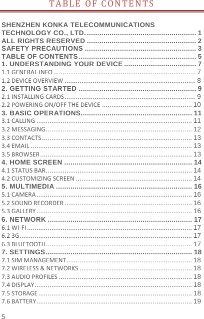   5  TABLEOFCONTENTSSHENZHEN KONKA TELECOMMUNICATIONS TECHNOLOGY CO., LTD. ..................................................... 1ALL RIGHTS RESERVED ..................................................... 2SAFETY PRECAUTIONS ...................................................... 3TABLE OF CONTENTS ......................................................... 51. UNDERSTANDING YOUR DEVICE ................................... 71.1GENERALINFO ............................................................................  71.2DEVICEOVERVIEW ...................................................................... 82. GETTING STARTED ......................................................... 92.1INSTALLINGCARDS ......................................................................  92.2POWERINGON/OFFTHEDEVICE ................................................ 103. BASIC OPERATIONS ...................................................... 113.1CALLING ................................................................................... 113.2MESSAGING ..............................................................................  123.3CONTACTS ................................................................................  133.4EMAIL ...................................................................................... 133.5BROWSER ................................................................................. 134. HOME SCREEN .............................................................. 144.1STATUSBAR .............................................................................. 144.2CUSTOMIZINGSCREEN .............................................................. 145. MULTIMEDIA .................................................................. 165.1CAMERA ................................................................................... 165.2SOUNDRECORDER .................................................................... 165.3GALLERY ...................................................................................  166. NETWORK ...................................................................... 176.1WI‐FI ........................................................................................  176.23G ............................................................................................ 176.3BLUETOOTH .............................................................................. 177. SETTINGS ....................................................................... 187.1SIMMANAGEMENT ................................................................... 187.2WIRELESS&amp;NETWORKS ............................................................ 187.3AUDIOPROFILES ....................................................................... 187.4DISPLAY .................................................................................... 187.5STORAGE .................................................................................. 187.6BATTERY ...................................................................................  19
