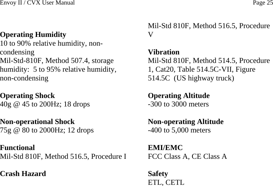 Envoy II / CVX User Manual    Page 25  Operating Humidity 10 to 90% relative humidity, non-condensing Mil-Std-810F, Method 507.4, storage humidity:  5 to 95% relative humidity, non-condensing  Operating Shock 40g @ 45 to 200Hz; 18 drops  Non-operational Shock 75g @ 80 to 2000Hz; 12 drops  Functional Mil-Std 810F, Method 516.5, Procedure I  Crash Hazard Mil-Std 810F, Method 516.5, Procedure V  Vibration Mil-Std 810F, Method 514.5, Procedure 1, Cat20, Table 514.5C-VII, Figure 514.5C  (US highway truck)  Operating Altitude -300 to 3000 meters  Non-operating Altitude -400 to 5,000 meters  EMI/EMC FCC Class A, CE Class A  Safety ETL, CETL  