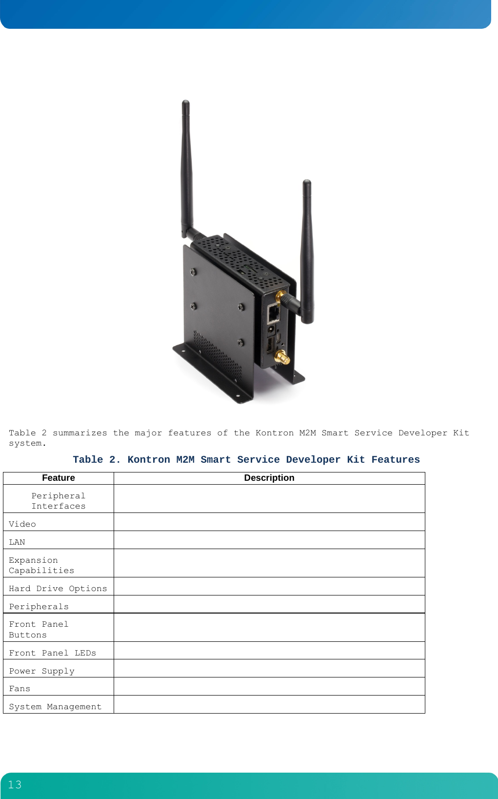         13   Table 2 summarizes the major features of the Kontron M2M Smart Service Developer Kit system. Table 2. Kontron M2M Smart Service Developer Kit Features Feature DescriptionPeripheral Interfaces   Video  LAN  Expansion Capabilities   Hard Drive Options   Peripherals  Front Panel Buttons   Front Panel LEDs    Power Supply   Fans  System Management   