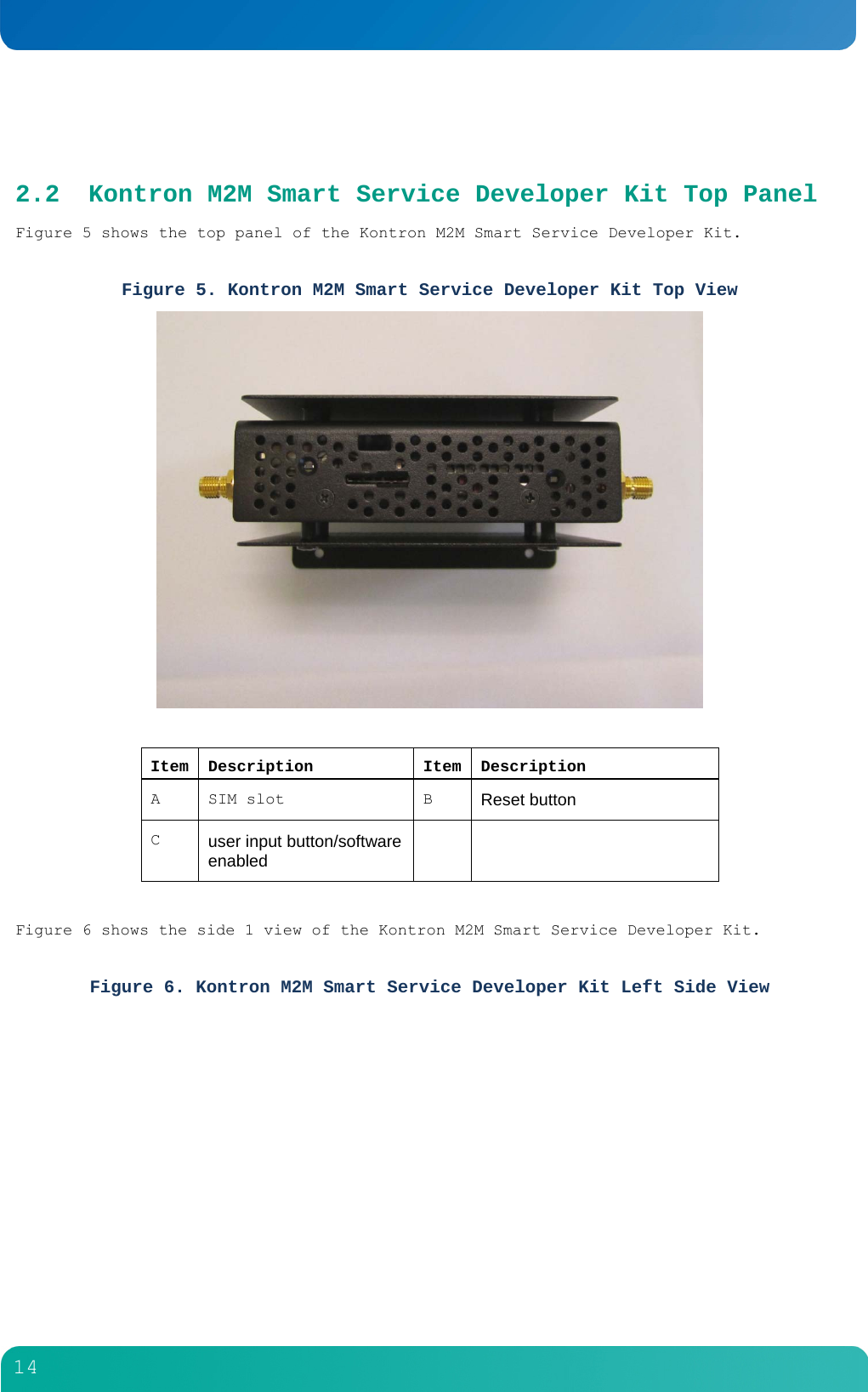         14   2.2 Kontron M2M Smart Service Developer Kit Top Panel Figure 5 shows the top panel of the Kontron M2M Smart Service Developer Kit.  Figure 5. Kontron M2M Smart Service Developer Kit Top View    Item Description  Item Description A SIM slot  B Reset button  C  user input button/software enabled    Figure 6 shows the side 1 view of the Kontron M2M Smart Service Developer Kit.  Figure 6. Kontron M2M Smart Service Developer Kit Left Side View 
