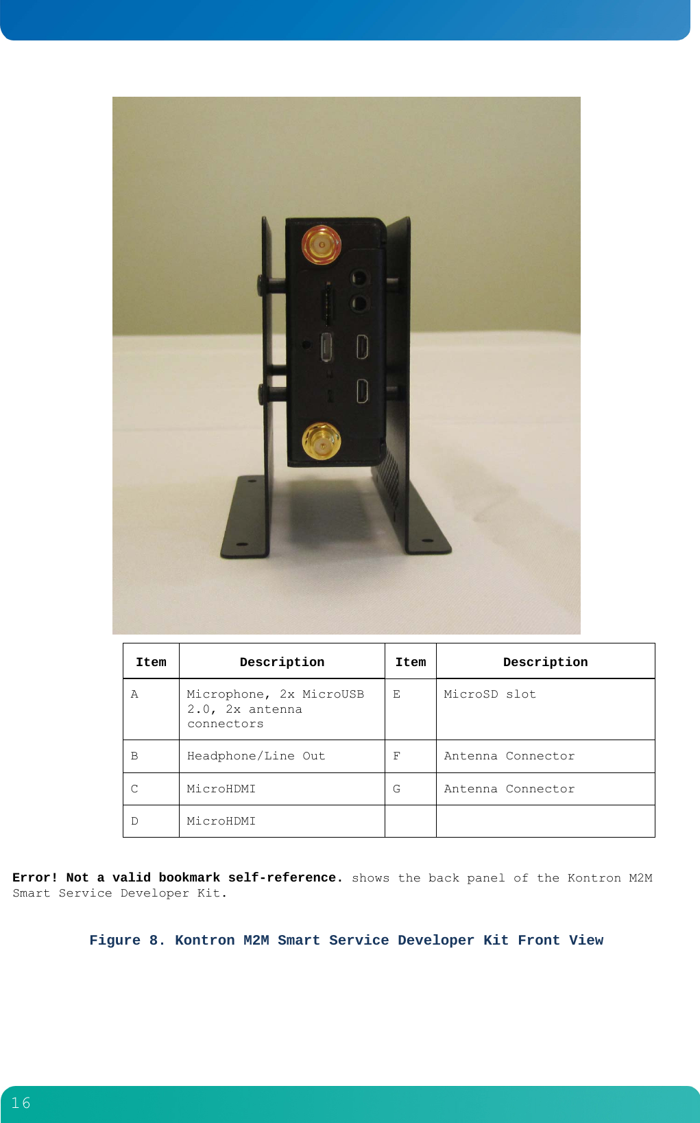         16   Item Description Item  Description A  Microphone, 2x MicroUSB 2.0, 2x antenna connectors E MicroSD slot B  Headphone/Line Out  F  Antenna Connector C MicroHDMI  G Antenna Connector D MicroHDMI      Error! Not a valid bookmark self-reference. shows the back panel of the Kontron M2M Smart Service Developer Kit.  Figure 8. Kontron M2M Smart Service Developer Kit Front View   