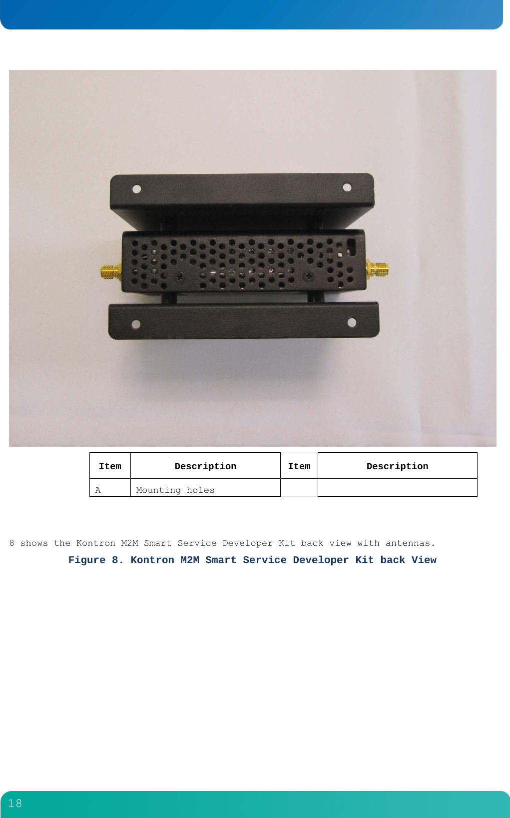         18   Item Description Item  Description A Mounting holes       8 shows the Kontron M2M Smart Service Developer Kit back view with antennas. Figure 8. Kontron M2M Smart Service Developer Kit back View 