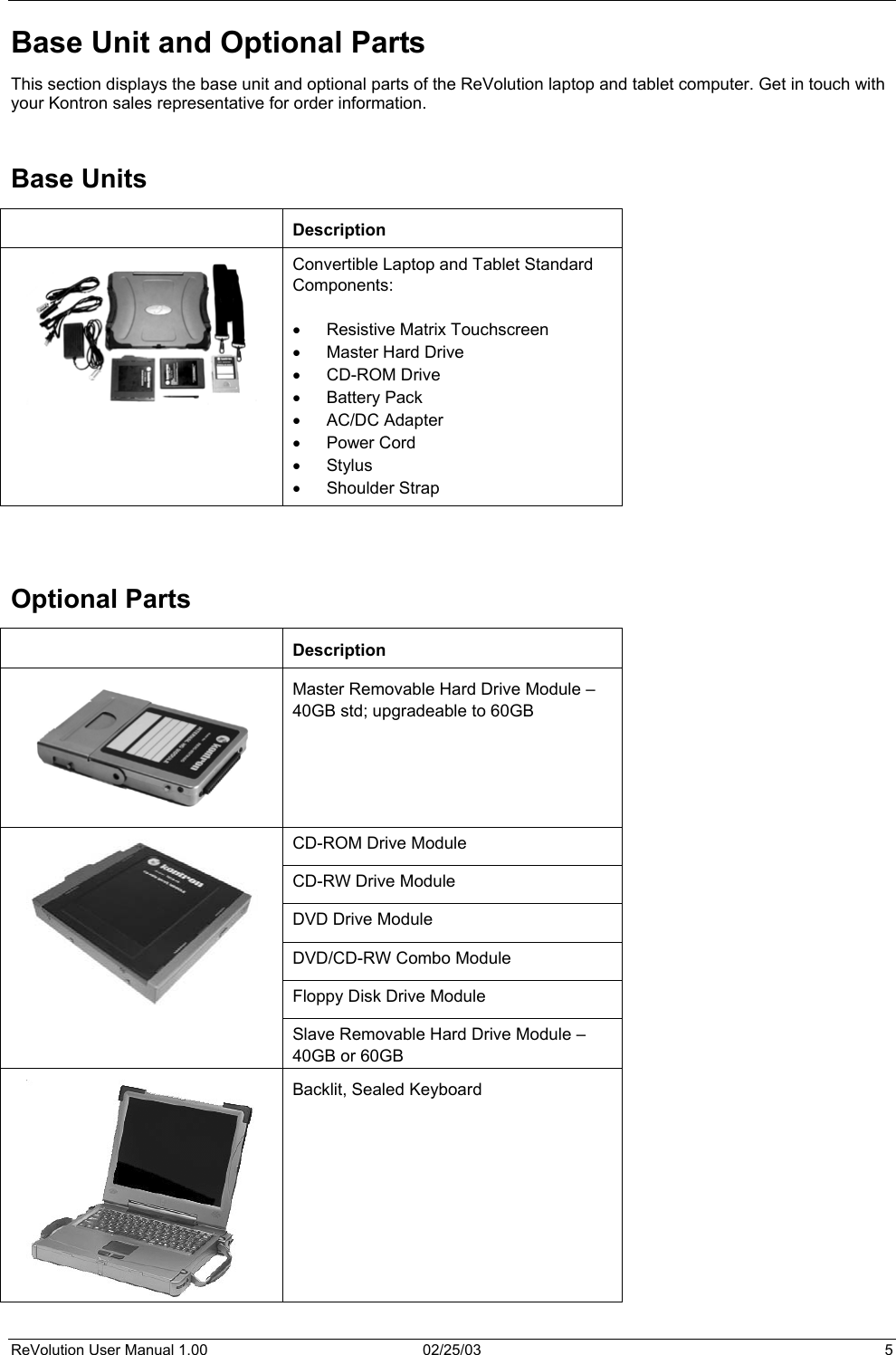  Base Unit and Optional Parts This section displays the base unit and optional parts of the ReVolution laptop and tablet computer. Get in touch with your Kontron sales representative for order information.    Base Units  Description  Convertible Laptop and Tablet Standard Components:  •  Resistive Matrix Touchscreen •  Master Hard Drive •  CD-ROM Drive •  Battery Pack •  AC/DC Adapter •  Power Cord •  Stylus •  Shoulder Strap   Optional Parts  Description  Master Removable Hard Drive Module – 40GB std; upgradeable to 60GB CD-ROM Drive Module  CD-RW Drive Module DVD Drive Module DVD/CD-RW Combo Module Floppy Disk Drive Module  Slave Removable Hard Drive Module – 40GB or 60GB  Backlit, Sealed Keyboard ReVolution User Manual 1.00  02/25/03  5 