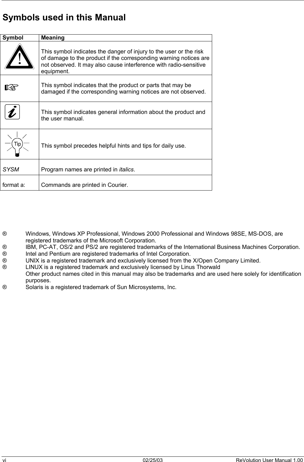  Symbols used in this Manual  Symbol Meaning   This symbol indicates the danger of injury to the user or the risk of damage to the product if the corresponding warning notices are not observed. It may also cause interference with radio-sensitive equipment.    This symbol indicates that the product or parts that may be damaged if the corresponding warning notices are not observed.     This symbol indicates general information about the product and the user manual.      This symbol precedes helpful hints and tips for daily use.   SYSM Program names are printed in italics.   format a:  Commands are printed in Courier.       ®  Windows, Windows XP Professional, Windows 2000 Professional and Windows 98SE, MS-DOS, are registered trademarks of the Microsoft Corporation. ®  IBM, PC-AT, OS/2 and PS/2 are registered trademarks of the International Business Machines Corporation. ®  Intel and Pentium are registered trademarks of Intel Corporation. ®  UNIX is a registered trademark and exclusively licensed from the X/Open Company Limited. ®  LINUX is a registered trademark and exclusively licensed by Linus Thorwald Other product names cited in this manual may also be trademarks and are used here solely for identification purposes. ®  Solaris is a registered trademark of Sun Microsystems, Inc.    vi  02/25/03  ReVolution User Manual 1.00 