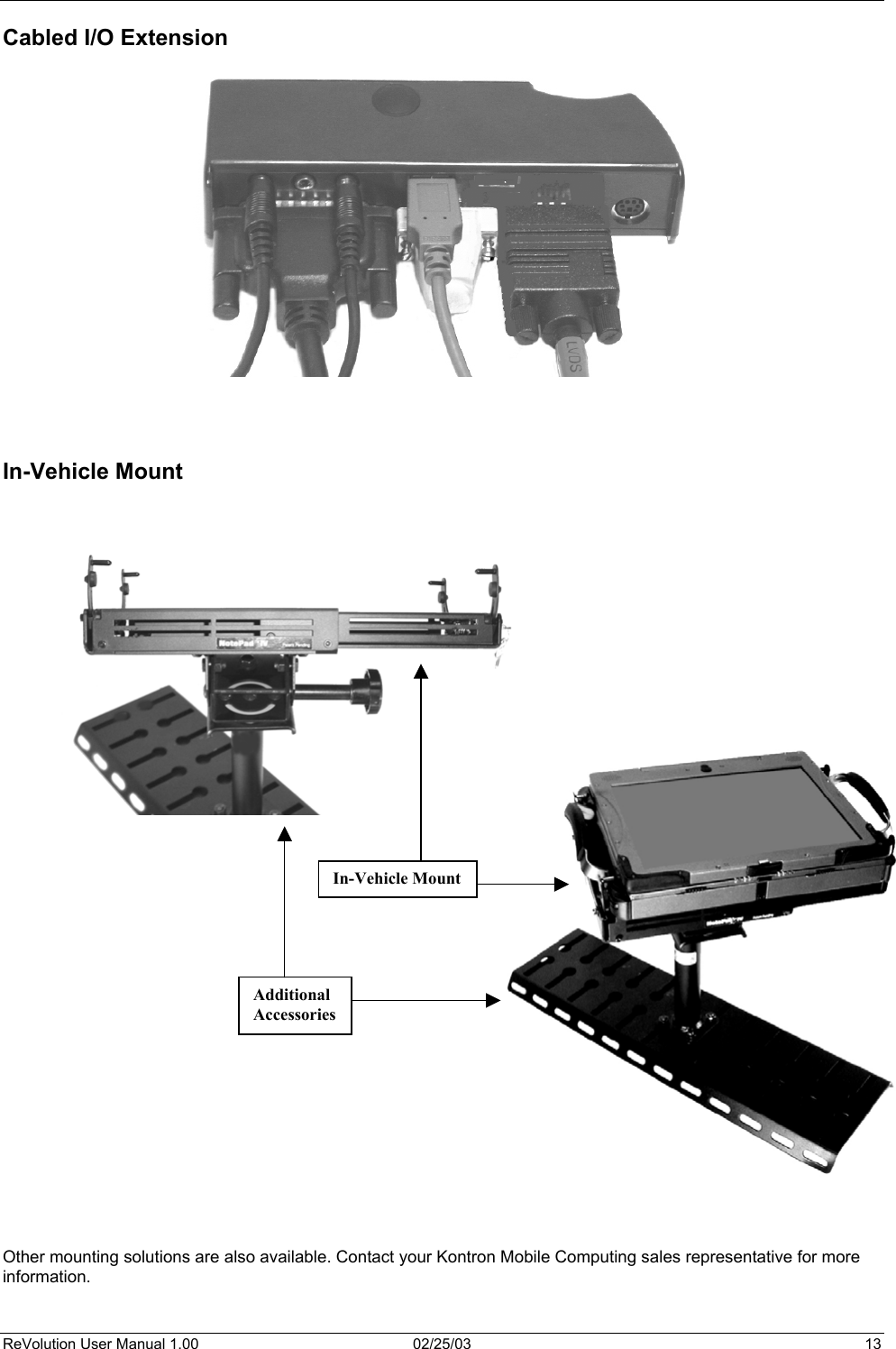  Cabled I/O Extension                      In-Vehicle Mount    Additional AccessoriesIn-Vehicle Mount                                   Other mounting solutions are also available. Contact your Kontron Mobile Computing sales representative for more information.    ReVolution User Manual 1.00  02/25/03  13 