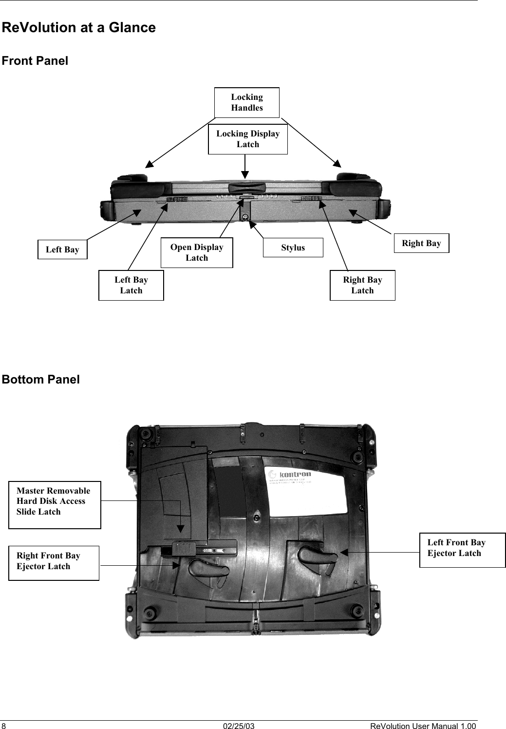  ReVolution at a Glance  Front Panel     Left Bay Right BayStylus Left Bay Latch Right Bay Latch Open Display Latch Locking DisplayLatch Locking Handles                           Bottom Panel     Master Removable Hard Disk Access Slide Latch Right Front Bay Ejector Latch Left Front Bay Ejector Latch                        8  02/25/03  ReVolution User Manual 1.00 