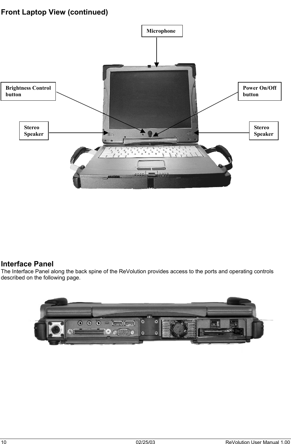  Front Laptop View (continued)                            Brightness Controlbutton Power On/Offbutton Stereo Speaker Stereo SpeakerMicrophone           Interface Panel The Interface Panel along the back spine of the ReVolution provides access to the ports and operating controls described on the following page.    10  02/25/03  ReVolution User Manual 1.00 