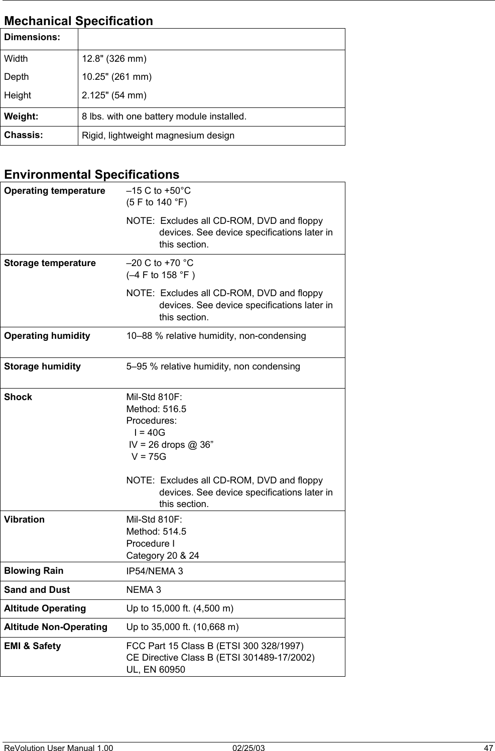  Mechanical Specification Dimensions:   Width Depth Height 12.8&quot; (326 mm) 10.25&quot; (261 mm)  2.125&quot; (54 mm) Weight:  8 lbs. with one battery module installed.  Chassis:  Rigid, lightweight magnesium design   Environmental Specifications Operating temperature  –15 C to +50°C  (5 F to 140 °F) NOTE:  Excludes all CD-ROM, DVD and floppy devices. See device specifications later in this section.  Storage temperature  –20 C to +70 °C  (–4 F to 158 °F ) NOTE:  Excludes all CD-ROM, DVD and floppy devices. See device specifications later in this section.  Operating humidity  10–88 % relative humidity, non-condensing  Storage humidity  5–95 % relative humidity, non condensing  Shock  Mil-Std 810F: Method: 516.5 Procedures:    I = 40G  IV = 26 drops @ 36”   V = 75G  NOTE:  Excludes all CD-ROM, DVD and floppy devices. See device specifications later in this section.  Vibration  Mil-Std 810F: Method: 514.5 Procedure I Category 20 &amp; 24 Blowing Rain  IP54/NEMA 3 Sand and Dust  NEMA 3 Altitude Operating  Up to 15,000 ft. (4,500 m) Altitude Non-Operating  Up to 35,000 ft. (10,668 m) EMI &amp; Safety  FCC Part 15 Class B (ETSI 300 328/1997) CE Directive Class B (ETSI 301489-17/2002) UL, EN 60950     ReVolution User Manual 1.00  02/25/03  47 