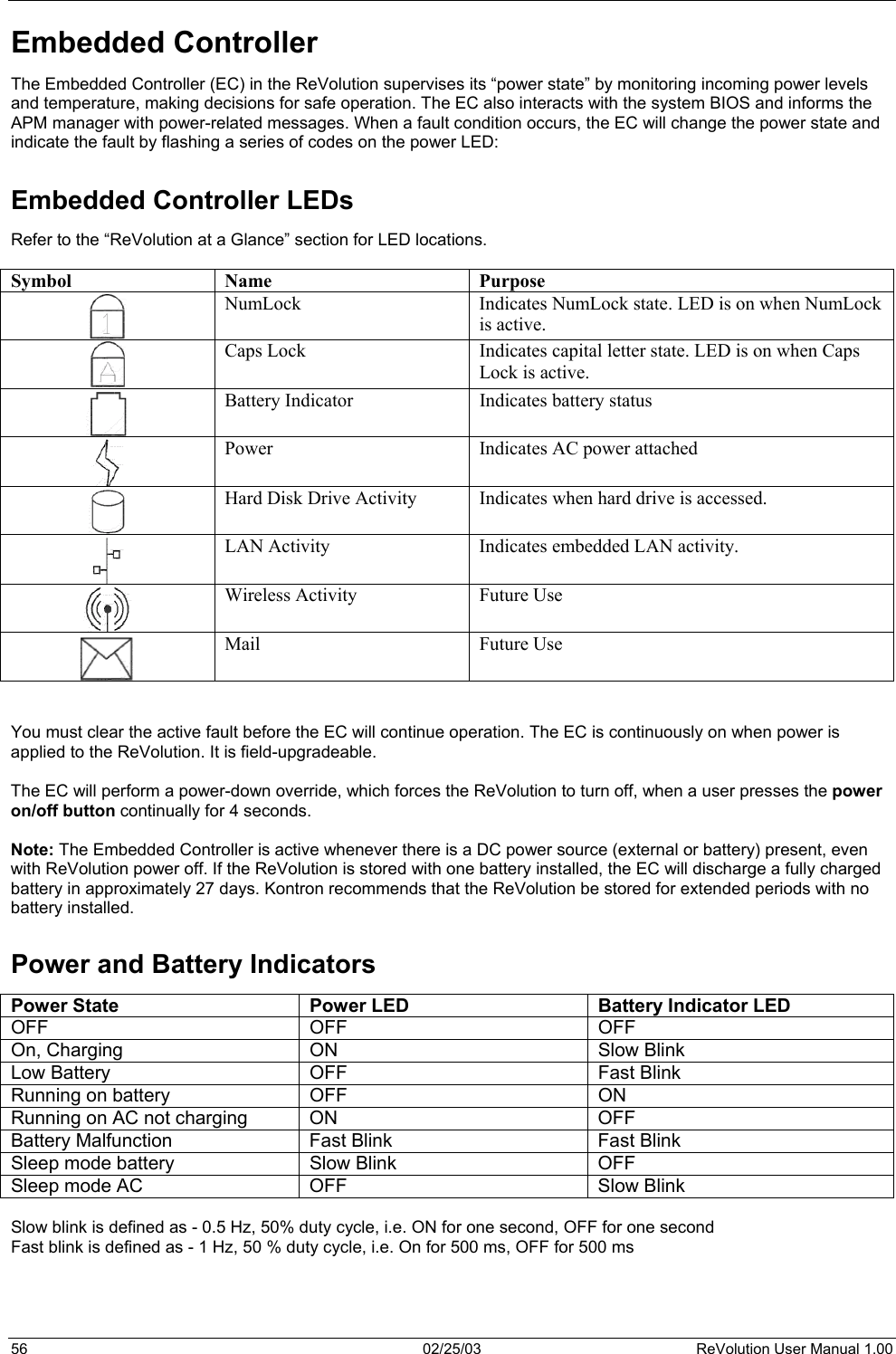  Embedded Controller The Embedded Controller (EC) in the ReVolution supervises its “power state” by monitoring incoming power levels and temperature, making decisions for safe operation. The EC also interacts with the system BIOS and informs the APM manager with power-related messages. When a fault condition occurs, the EC will change the power state and indicate the fault by flashing a series of codes on the power LED:  Embedded Controller LEDs Refer to the “ReVolution at a Glance” section for LED locations.  Symbol Name  Purpose  NumLock  Indicates NumLock state. LED is on when NumLock is active.  Caps Lock  Indicates capital letter state. LED is on when Caps Lock is active.  Battery Indicator  Indicates battery status  Power  Indicates AC power attached  Hard Disk Drive Activity  Indicates when hard drive is accessed.  LAN Activity  Indicates embedded LAN activity.  Wireless Activity  Future Use  Mail Future Use   You must clear the active fault before the EC will continue operation. The EC is continuously on when power is applied to the ReVolution. It is field-upgradeable.  The EC will perform a power-down override, which forces the ReVolution to turn off, when a user presses the power on/off button continually for 4 seconds.   Note: The Embedded Controller is active whenever there is a DC power source (external or battery) present, even with ReVolution power off. If the ReVolution is stored with one battery installed, the EC will discharge a fully charged battery in approximately 27 days. Kontron recommends that the ReVolution be stored for extended periods with no battery installed.  Power and Battery Indicators Power State  Power LED  Battery Indicator LED OFF OFF OFF On, Charging  ON  Slow Blink Low Battery  OFF  Fast Blink Running on battery  OFF  ON Running on AC not charging  ON  OFF Battery Malfunction  Fast Blink  Fast Blink Sleep mode battery  Slow Blink  OFF Sleep mode AC  OFF  Slow Blink  Slow blink is defined as - 0.5 Hz, 50% duty cycle, i.e. ON for one second, OFF for one second Fast blink is defined as - 1 Hz, 50 % duty cycle, i.e. On for 500 ms, OFF for 500 ms    56  02/25/03  ReVolution User Manual 1.00 