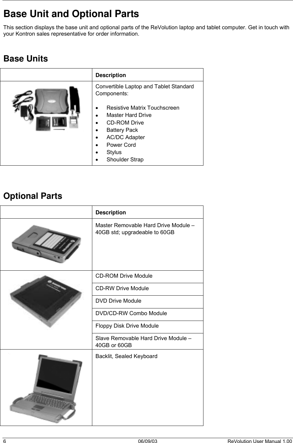  6 06/09/03 ReVolution User Manual 1.00 Base Unit and Optional Parts This section displays the base unit and optional parts of the ReVolution laptop and tablet computer. Get in touch with your Kontron sales representative for order information.    Base Units  Description  Convertible Laptop and Tablet Standard Components:  •  Resistive Matrix Touchscreen •  Master Hard Drive •  CD-ROM Drive •  Battery Pack •  AC/DC Adapter •  Power Cord •  Stylus •  Shoulder Strap   Optional Parts  Description  Master Removable Hard Drive Module – 40GB std; upgradeable to 60GB CD-ROM Drive Module  CD-RW Drive Module DVD Drive Module DVD/CD-RW Combo Module Floppy Disk Drive Module  Slave Removable Hard Drive Module – 40GB or 60GB  Backlit, Sealed Keyboard 