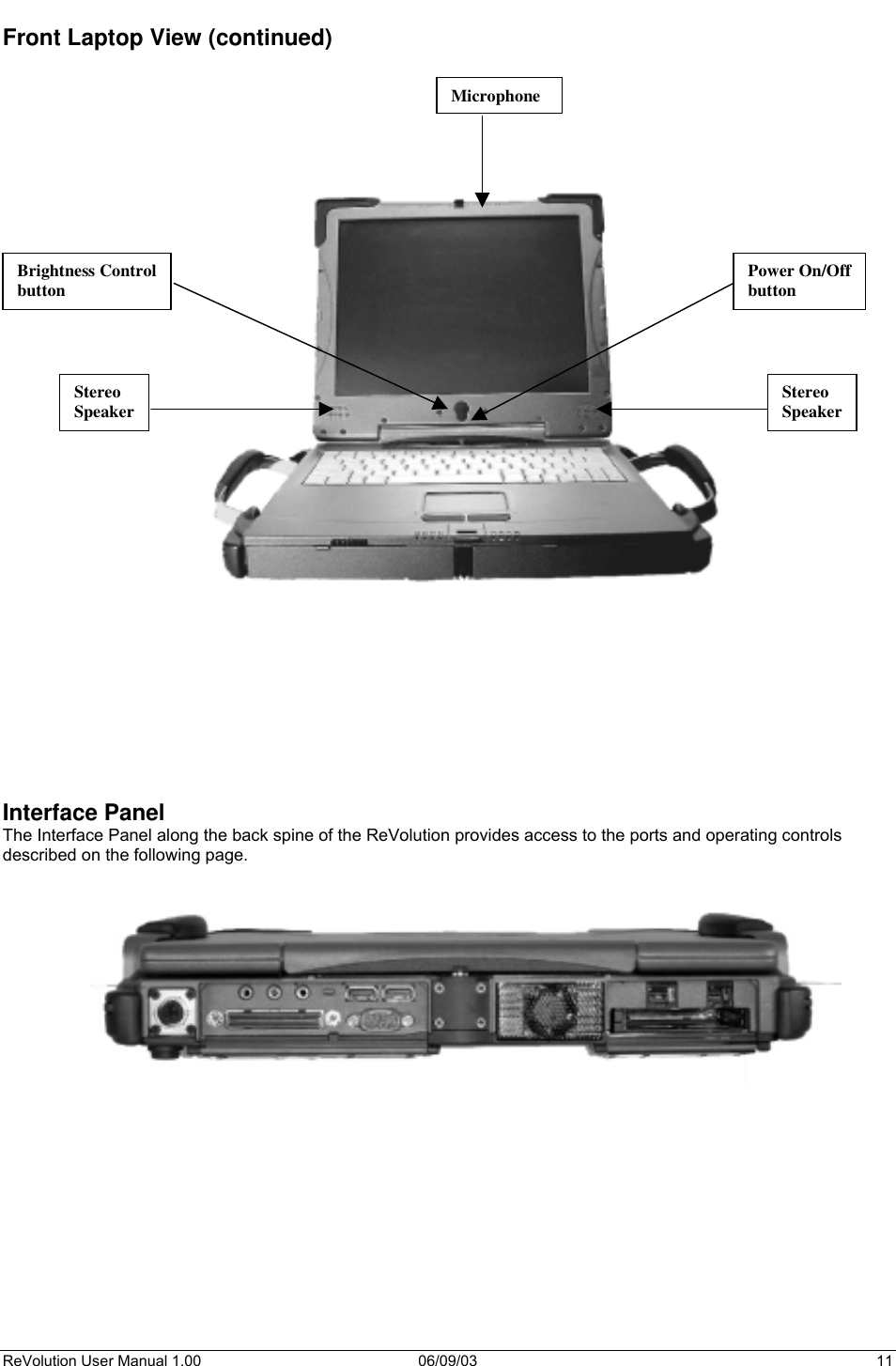  ReVolution User Manual 1.00  06/09/03  11 Front Laptop View (continued)                                       Interface Panel The Interface Panel along the back spine of the ReVolution provides access to the ports and operating controls described on the following page.    MicrophoneStereoSpeakerStereo Speaker Power On/Offbutton Brightness Controlbutton 