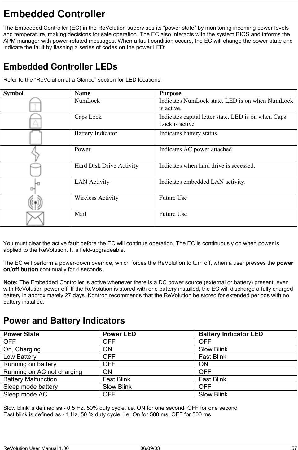  ReVolution User Manual 1.00  06/09/03  57 Embedded Controller The Embedded Controller (EC) in the ReVolution supervises its “power state” by monitoring incoming power levels and temperature, making decisions for safe operation. The EC also interacts with the system BIOS and informs the APM manager with power-related messages. When a fault condition occurs, the EC will change the power state and indicate the fault by flashing a series of codes on the power LED:  Embedded Controller LEDs Refer to the “ReVolution at a Glance” section for LED locations.  Symbol Name  Purpose  NumLock  Indicates NumLock state. LED is on when NumLock is active.  Caps Lock  Indicates capital letter state. LED is on when Caps Lock is active.  Battery Indicator  Indicates battery status  Power  Indicates AC power attached  Hard Disk Drive Activity  Indicates when hard drive is accessed.  LAN Activity  Indicates embedded LAN activity.  Wireless Activity  Future Use  Mail Future Use   You must clear the active fault before the EC will continue operation. The EC is continuously on when power is applied to the ReVolution. It is field-upgradeable.  The EC will perform a power-down override, which forces the ReVolution to turn off, when a user presses the power on/off button continually for 4 seconds.   Note: The Embedded Controller is active whenever there is a DC power source (external or battery) present, even with ReVolution power off. If the ReVolution is stored with one battery installed, the EC will discharge a fully charged battery in approximately 27 days. Kontron recommends that the ReVolution be stored for extended periods with no battery installed.  Power and Battery Indicators Power State  Power LED  Battery Indicator LED OFF OFF OFF On, Charging  ON  Slow Blink Low Battery  OFF  Fast Blink Running on battery  OFF  ON Running on AC not charging  ON  OFF Battery Malfunction  Fast Blink  Fast Blink Sleep mode battery  Slow Blink  OFF Sleep mode AC  OFF  Slow Blink  Slow blink is defined as - 0.5 Hz, 50% duty cycle, i.e. ON for one second, OFF for one second Fast blink is defined as - 1 Hz, 50 % duty cycle, i.e. On for 500 ms, OFF for 500 ms    