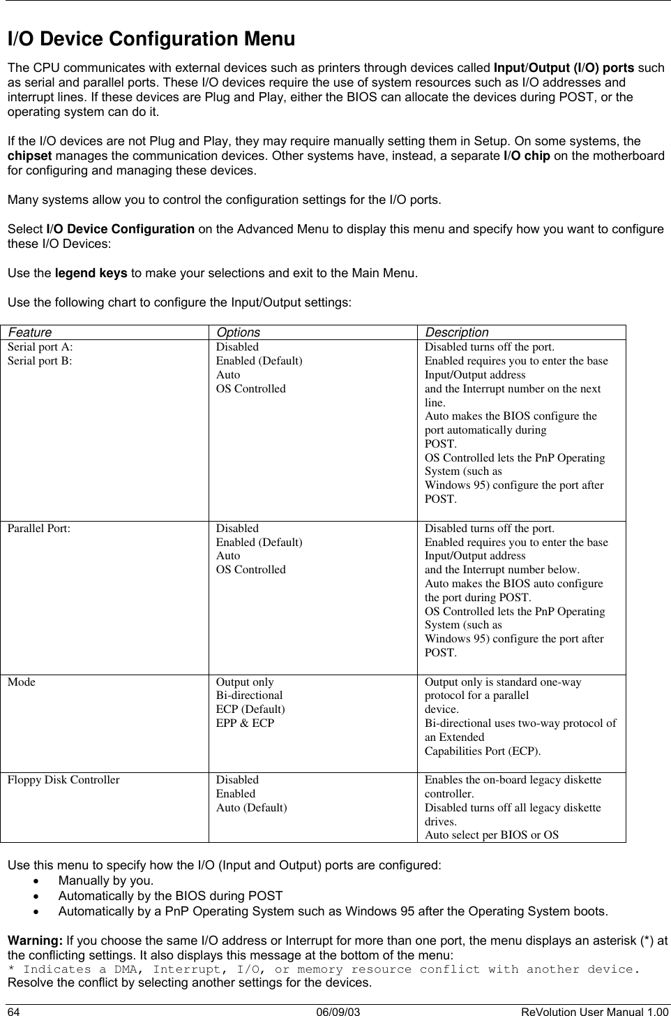  64 06/09/03 ReVolution User Manual 1.00 I/O Device Configuration Menu The CPU communicates with external devices such as printers through devices called Input/Output (I/O) ports such as serial and parallel ports. These I/O devices require the use of system resources such as I/O addresses and interrupt lines. If these devices are Plug and Play, either the BIOS can allocate the devices during POST, or the operating system can do it.   If the I/O devices are not Plug and Play, they may require manually setting them in Setup. On some systems, the chipset manages the communication devices. Other systems have, instead, a separate I/O chip on the motherboard for configuring and managing these devices.   Many systems allow you to control the configuration settings for the I/O ports.   Select I/O Device Configuration on the Advanced Menu to display this menu and specify how you want to configure these I/O Devices:  Use the legend keys to make your selections and exit to the Main Menu.  Use the following chart to configure the Input/Output settings:  Feature Options Description Serial port A: Serial port B:  Disabled Enabled (Default) Auto OS Controlled Disabled turns off the port. Enabled requires you to enter the base Input/Output address and the Interrupt number on the next line. Auto makes the BIOS configure the port automatically during POST. OS Controlled lets the PnP Operating System (such as Windows 95) configure the port after POST.  Parallel Port:  Disabled Enabled (Default) Auto OS Controlled  Disabled turns off the port. Enabled requires you to enter the base Input/Output address and the Interrupt number below. Auto makes the BIOS auto configure the port during POST. OS Controlled lets the PnP Operating System (such as Windows 95) configure the port after POST.  Mode Output only Bi-directional ECP (Default) EPP &amp; ECP  Output only is standard one-way protocol for a parallel device. Bi-directional uses two-way protocol of an Extended Capabilities Port (ECP).  Floppy Disk Controller  Disabled Enabled  Auto (Default)  Enables the on-board legacy diskette controller. Disabled turns off all legacy diskette drives. Auto select per BIOS or OS  Use this menu to specify how the I/O (Input and Output) ports are configured: •  Manually by you. •  Automatically by the BIOS during POST  •  Automatically by a PnP Operating System such as Windows 95 after the Operating System boots.  Warning: If you choose the same I/O address or Interrupt for more than one port, the menu displays an asterisk (*) at the conflicting settings. It also displays this message at the bottom of the menu: * Indicates a DMA, Interrupt, I/O, or memory resource conflict with another device. Resolve the conflict by selecting another settings for the devices. 