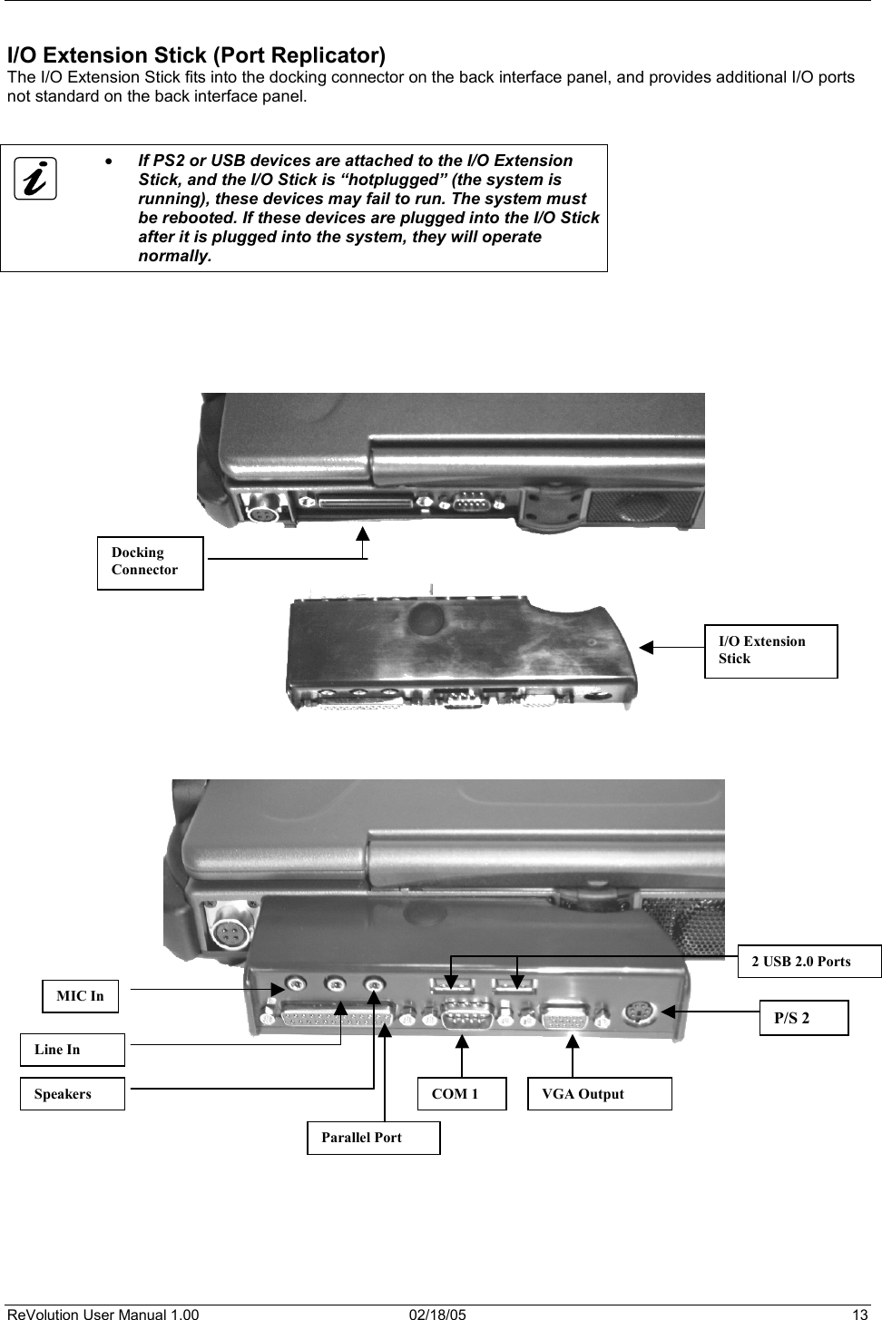 ReVolution User Manual 1.00  02/18/05  13 I/O Extension Stick (Port Replicator) The I/O Extension Stick fits into the docking connector on the back interface panel, and provides additional I/O ports not standard on the back interface panel.  x If PS2 or USB devices are attached to the I/O Extension Stick, and the I/O Stick is “hotplugged” (the system is running), these devices may fail to run. The system must be rebooted. If these devices are plugged into the I/O Stick after it is plugged into the system, they will operate normally. MIC InLine In Speakers 2 USB 2.0 PortsParallel Port COM 1 VGA Output P/S 2 Docking  Connector I/O Extension Stick 