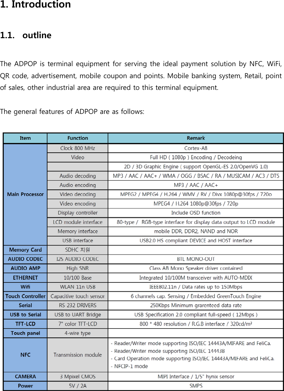   1. Introduction    1.1. outline  The ADPOP is terminal equipment for serving the ideal payment solution by NFC, WiFi, QR code, advertisement, mobile coupon and points. Mobile banking system, Retail, point of sales, other industrial area are required to this terminal equipment.  The general features of ADPOP are as follows:  