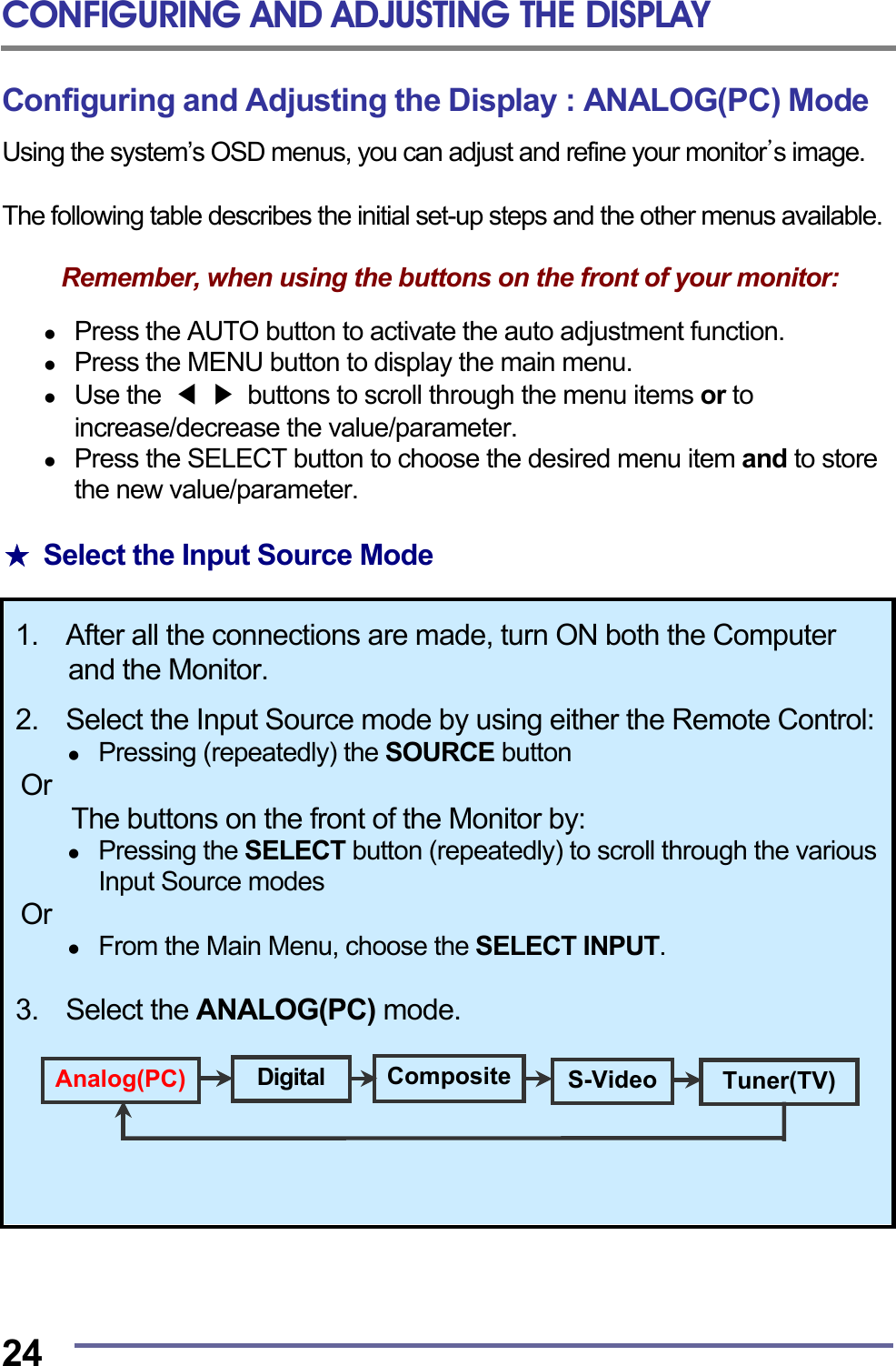 CONFIGURING AND ADJUSTING THE DISPLAY  24 Configuring and Adjusting the Display : ANALOG(PC) Mode Using the system&rsquo;s OSD menus, you can adjust and refine your monitor&rsquo;s image.  The following table describes the initial set-up steps and the other menus available.  Remember, when using the buttons on the front of your monitor:    Press the AUTO button to activate the auto adjustment function.   Press the MENU button to display the main menu.   Use the  ◀ ▶  buttons to scroll through the menu items or to increase/decrease the value/parameter.   Press the SELECT button to choose the desired menu item and to store the new value/parameter.  ★  Select the Input Source Mode  1.  After all the connections are made, turn ON both the Computer and the Monitor.  2.  Select the Input Source mode by using either the Remote Control:  Pressing (repeatedly) the SOURCE button Or  The buttons on the front of the Monitor by:   Pressing the SELECT button (repeatedly) to scroll through the various Input Source modes Or    From the Main Menu, choose the SELECT INPUT.  3. Select the ANALOG(PC) mode.  Analog(PC)  Digital  S-Video Tuner(TV)Composite