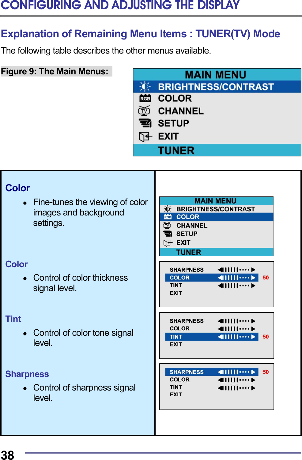 CONFIGURING AND ADJUSTING THE DISPLAY  38 Explanation of Remaining Menu Items : TUNER(TV) Mode The following table describes the other menus available.  Figure 9: The Main Menus:            Color    Fine-tunes the viewing of color images and background settings.    Color    Control of color thickness signal level.   Tint    Control of color tone signal level.   Sharpness    Control of sharpness signal level.             