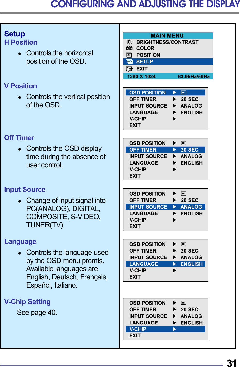 CONFIGURING AND ADJUSTING THE DISPLAY   31 Setup H Position    Controls the horizontal position of the OSD.   V Position    Controls the vertical position of the OSD.    Off Timer    Controls the OSD display time during the absence of user control.   Input Source    Change of input signal into PC(ANALOG), DIGITAL, COMPOSITE, S-VIDEO, TUNER(TV)  Language    Controls the language used by the OSD menu promts. Available languages are English, Deutsch, Fran&ccedil;ais, Espa&ntilde;ol, Italiano.  V-Chip Setting  See page 40.                