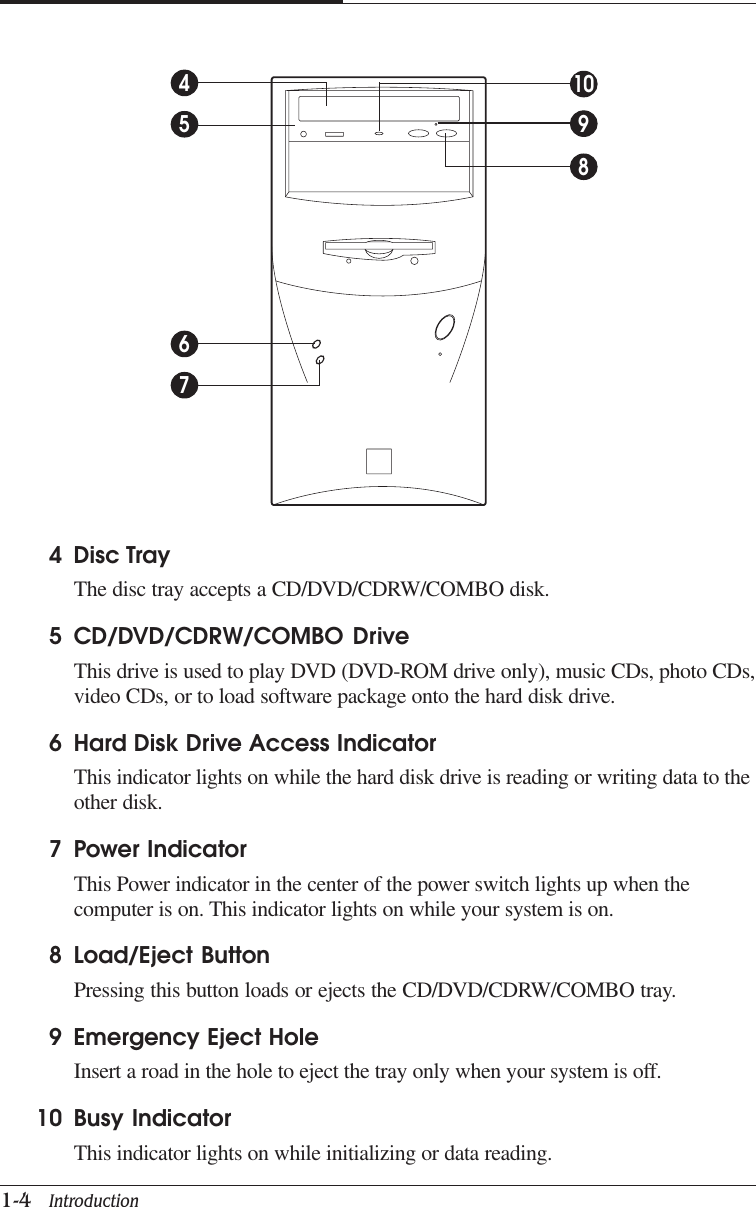 CHAPTER 11-4   Introduction4 Disc TrayThe disc tray accepts a CD/DVD/CDRW/COMBO disk.5 CD/DVD/CDRW/COMBO DriveThis drive is used to play DVD (DVD-ROM drive only), music CDs, photo CDs,video CDs, or to load software package onto the hard disk drive.6 Hard Disk Drive Access IndicatorThis indicator lights on while the hard disk drive is reading or writing data to theother disk.7 Power IndicatorThis Power indicator in the center of the power switch lights up when thecomputer is on. This indicator lights on while your system is on.8 Load/Eject ButtonPressing this button loads or ejects the CD/DVD/CDRW/COMBO tray.9 Emergency Eject HoleInsert a road in the hole to eject the tray only when your system is off.10 Busy IndicatorThis indicator lights on while initializing or data reading.45689107