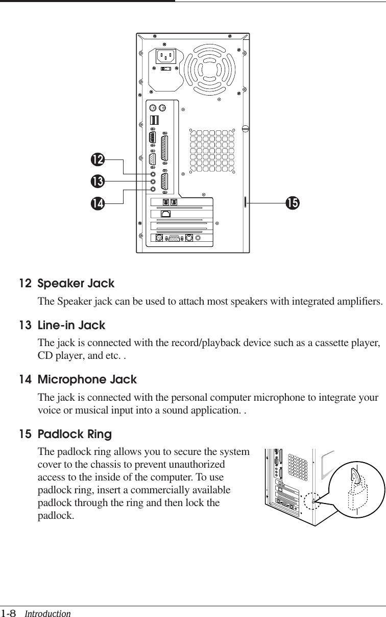 CHAPTER 11-8   Introduction12 Speaker JackThe Speaker jack can be used to attach most speakers with integrated amplifiers.13 Line-in JackThe jack is connected with the record/playback device such as a cassette player,CD player, and etc. .14 Microphone JackThe jack is connected with the personal computer microphone to integrate yourvoice or musical input into a sound application. .15 Padlock RingThe padlock ring allows you to secure the systemcover to the chassis to prevent unauthorizedaccess to the inside of the computer. To usepadlock ring, insert a commercially availablepadlock through the ring and then lock thepadlock.131214 15