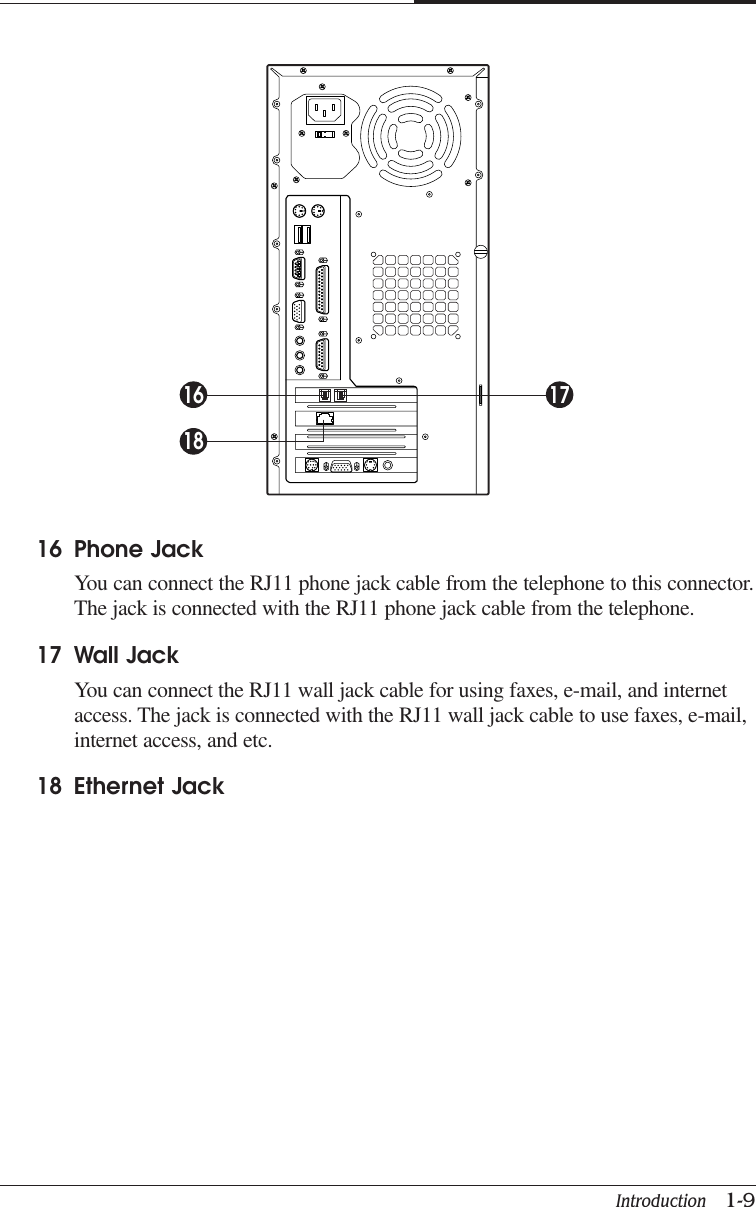 Introduction   1-9CHAPTER 116 Phone JackYou can connect the RJ11 phone jack cable from the telephone to this connector.The jack is connected with the RJ11 phone jack cable from the telephone.17 Wall JackYou can connect the RJ11 wall jack cable for using faxes, e-mail, and internetaccess. The jack is connected with the RJ11 wall jack cable to use faxes, e-mail,internet access, and etc.18 Ethernet Jack16 1718