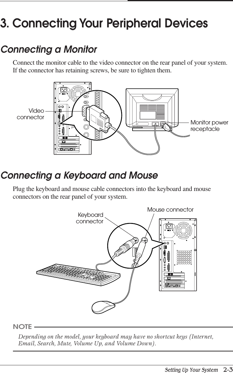 Setting Up Your System   2-3CHAPTER 23. Connecting Your Peripheral DevicesConnecting a MonitorConnect the monitor cable to the video connector on the rear panel of your system.If the connector has retaining screws, be sure to tighten them.Connecting a Keyboard and MousePlug the keyboard and mouse cable connectors into the keyboard and mouseconnectors on the rear panel of your system.NOTEDepending on the model, your keyboard may have no shortcut keys (Internet,Email, Search, Mute, Volume Up, and Volume Down).Videoconnector Monitor powerreceptacleKeyboardconnectorMouse connector