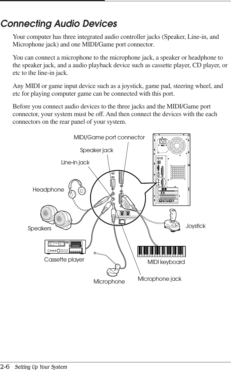 CHAPTER 22-6   Setting Up Your SystemConnecting Audio DevicesYour computer has three integrated audio controller jacks (Speaker, Line-in, andMicrophone jack) and one MIDI/Game port connector.You can connect a microphone to the microphone jack, a speaker or headphone tothe speaker jack, and a audio playback device such as cassette player, CD player, oretc to the line-in jack.Any MIDI or game input device such as a joystick, game pad, steering wheel, andetc for playing computer game can be connected with this port.Before you connect audio devices to the three jacks and the MIDI/Game portconnector, your system must be off. And then connect the devices with the eachconnectors on the rear panel of your system.Line-in jackSpeaker jackMIDI/Game port connectorHeadphoneSpeakersCassette playerMicrophoneMIDI keyboardJoystickMicrophone jack