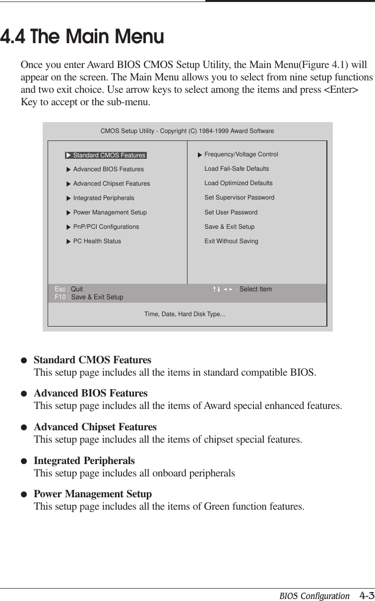 BIOS Configuration   4-3CHAPTER 44.4 The Main MenuOnce you enter Award BIOS CMOS Setup Utility, the Main Menu(Figure 4.1) willappear on the screen. The Main Menu allows you to select from nine setup functionsand two exit choice. Use arrow keys to select among the items and press &lt;Enter&gt;Key to accept or the sub-menu.●Standard CMOS FeaturesThis setup page includes all the items in standard compatible BIOS.●Advanced BIOS FeaturesThis setup page includes all the items of Award special enhanced features.●Advanced Chipset FeaturesThis setup page includes all the items of chipset special features.●Integrated PeripheralsThis setup page includes all onboard peripherals●Power Management SetupThis setup page includes all the items of Green function features.Esc : Quit : Select ItemF10 : Save &amp; Exit SetupCMOS Setup Utility - Copyright (C) 1984-1999 Award SoftwareAdvanced BIOS FeaturesAdvanced Chipset FeaturesIntegrated PeripheralsPower Management SetupPnP/PCI ConfigurationsPC Health StatusTime, Date, Hard Disk Type...Frequency/Voltage ControlLoad Fail-Safe DefaultsLoad Optimized DefaultsSet Supervisor PasswordSet User PasswordSave &amp; Exit SetupExit Without SavingStandard CMOS Features