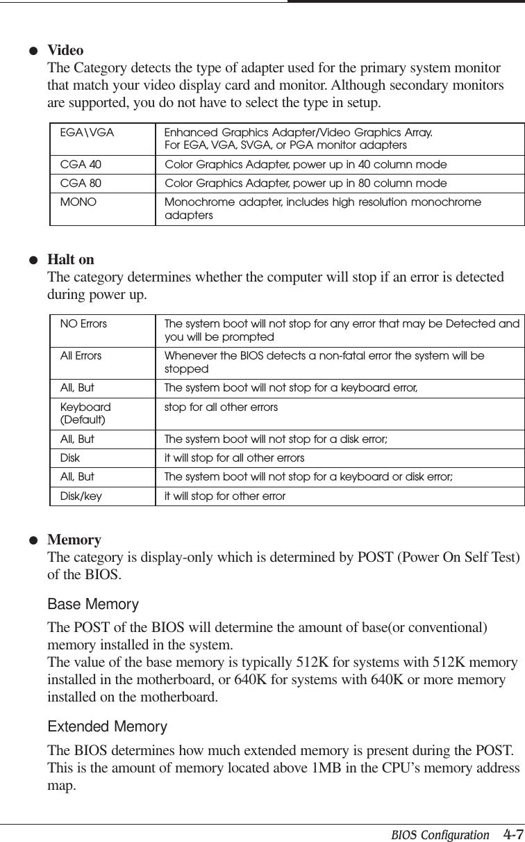 BIOS Configuration   4-7CHAPTER 4●VideoThe Category detects the type of adapter used for the primary system monitorthat match your video display card and monitor. Although secondary monitorsare supported, you do not have to select the type in setup.EGA\VGA Enhanced Graphics Adapter/Video Graphics Array.For EGA, VGA, SVGA, or PGA monitor adaptersCGA 40 Color Graphics Adapter, power up in 40 column modeCGA 80 Color Graphics Adapter, power up in 80 column modeMONO Monochrome adapter, includes high resolution monochromeadapters●Halt onThe category determines whether the computer will stop if an error is detectedduring power up.NO Errors The system boot will not stop for any error that may be Detected andyou will be promptedAll Errors Whenever the BIOS detects a non-fatal error the system will bestoppedAll, But The system boot will not stop for a keyboard error,Keyboard stop for all other errors(Default)All, But The system boot will not stop for a disk error;Disk it will stop for all other errorsAll, But The system boot will not stop for a keyboard or disk error;Disk/key it will stop for other error●MemoryThe category is display-only which is determined by POST (Power On Self Test)of the BIOS.Base MemoryThe POST of the BIOS will determine the amount of base(or conventional)memory installed in the system.The value of the base memory is typically 512K for systems with 512K memoryinstalled in the motherboard, or 640K for systems with 640K or more memoryinstalled on the motherboard.Extended MemoryThe BIOS determines how much extended memory is present during the POST.This is the amount of memory located above 1MB in the CPU’s memory addressmap.