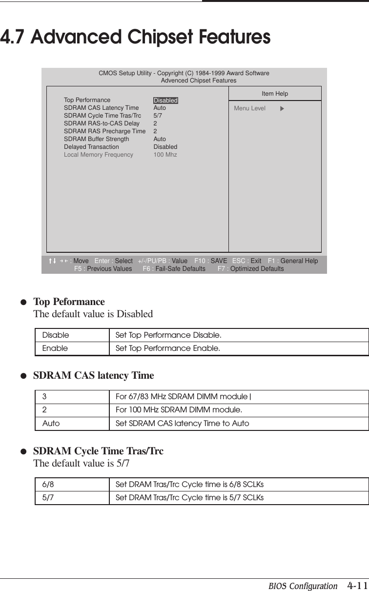 BIOS Configuration   4-11CHAPTER 44.7 Advanced Chipset Features●Top PeformanceThe default value is DisabledDisable Set Top Performance Disable.Enable Set Top Performance Enable.●SDRAM CAS latency Time3 For 67/83 MHz SDRAM DIMM module|2 For 100 MHz SDRAM DIMM module.Auto Set SDRAM CAS latency Time to Auto●SDRAM Cycle Time Tras/TrcThe default value is 5/76/8 Set DRAM Tras/Trc Cycle time is 6/8 SCLKs5/7 Set DRAM Tras/Trc Cycle time is 5/7 SCLKs:Move Enter : Select +/-/PU/PB : Value F10 : SAVE ESC : Exit F1 : General HelpF5 : Previous Values F6 : Fail-Safe Defaults F7 : Optimized DefaultsCMOS Setup Utility - Copyright (C) 1984-1999 Award SoftwareAdvenced Chipset FeaturesTop PerformanceSDRAM CAS Latency Time AutoSDRAM Cycle Time Tras/Trc 5/7SDRAM RAS-to-CAS Delay 2SDRAM RAS Precharge Time 2SDRAM Buffer Strength AutoDelayed Transaction DisabledLocal Memory Frequency 100 MhzItem HelpMenu Level  Disabled