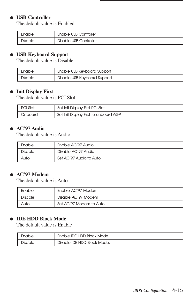 BIOS Configuration   4-15CHAPTER 4●USB ControllerThe default value is Enabled.●USB Keyboard SupportThe default value is Disable.●Init Display FirstThe default value is PCI Slot.●AC’97 AudioThe default value is Audio●AC’97 ModemThe default value is Auto●IDE HDD Block ModeThe default value is EnableEnable Enable USB ControllerDisable Disable USB ControllerEnable Enable USB Keyboard SupportDisable Disable USB Keyboard SupportPCI Slot Set Init Display First PCI SlotOnboard Set Init Display First to onboard AGPEnable Enable AC’97 AudioDisable Disable AC’97 AudioAuto Set AC’97 Audio to AutoEnable Enable AC’97 Modem.Disable Disable AC’97 ModemAuto Set AC’97 Modem to Auto.Enable Enable IDE HDD Block ModeDisable Disable IDE HDD Block Mode.