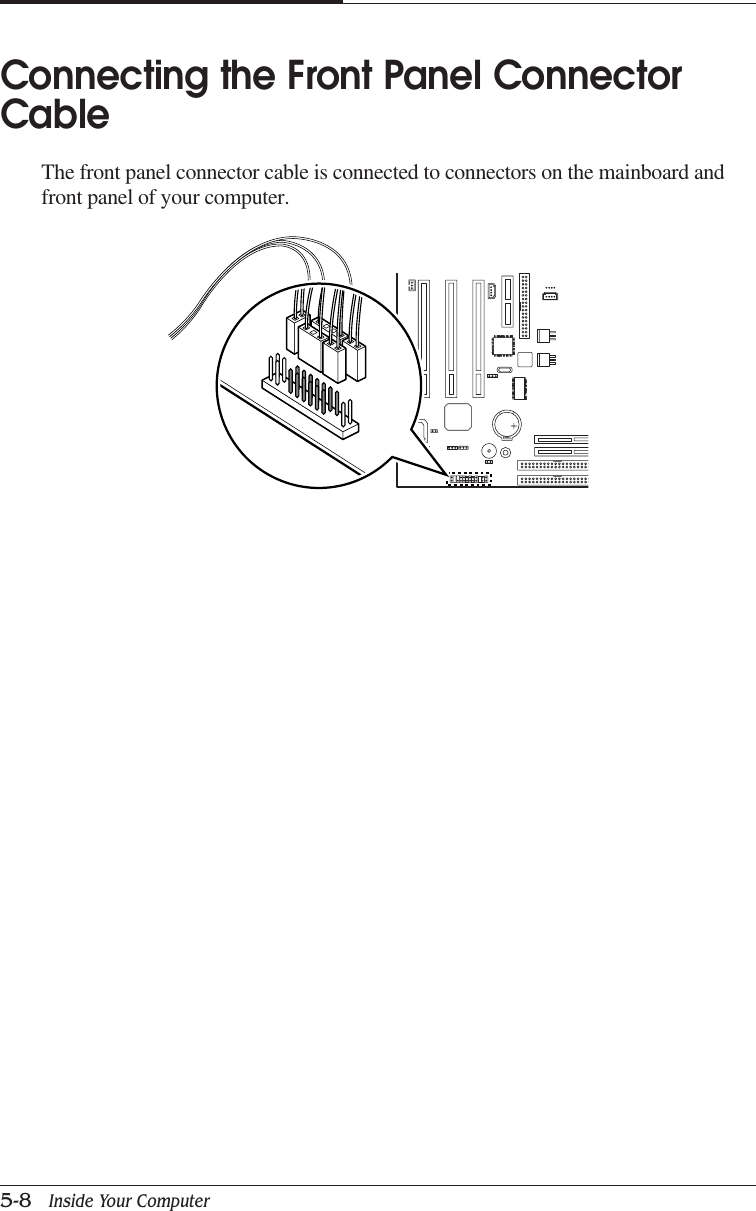 CHAPTER 55-8   Inside Your ComputerConnecting the Front Panel ConnectorCableThe front panel connector cable is connected to connectors on the mainboard andfront panel of your computer.