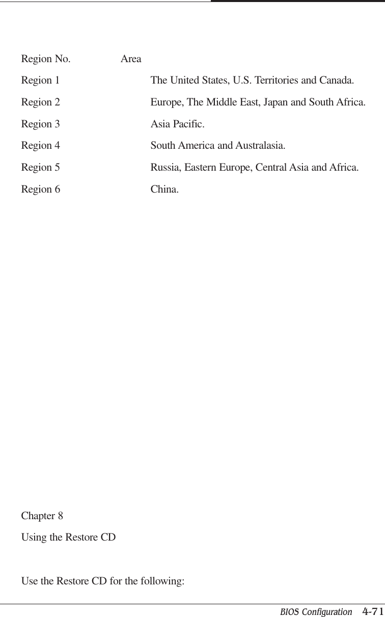 BIOS Configuration   4-71CAPTUER 4Region No. AreaRegion 1 The United States, U.S. Territories and Canada.Region 2 Europe, The Middle East, Japan and South Africa.Region 3 Asia Pacific.Region 4 South America and Australasia.Region 5 Russia, Eastern Europe, Central Asia and Africa.Region 6 China.Chapter 8Using the Restore CDUse the Restore CD for the following: