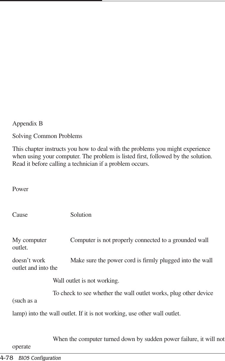 CAPTUER 44-78   BIOS ConfigurationAppendix BSolving Common ProblemsThis chapter instructs you how to deal with the problems you might experiencewhen using your computer. The problem is listed first, followed by the solution.Read it before calling a technician if a problem occurs.PowerCause SolutionMy computer Computer is not properly connected to a grounded walloutlet.doesn’t work Make sure the power cord is firmly plugged into the walloutlet and into theWall outlet is not working.To check to see whether the wall outlet works, plug other device(such as alamp) into the wall outlet. If it is not working, use other wall outlet.When the computer turned down by sudden power failure, it will notoperate