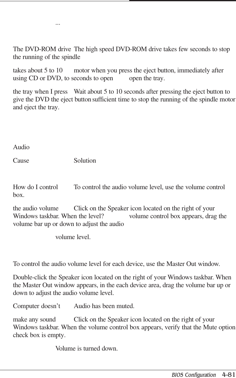BIOS Configuration   4-81CAPTUER 4...The DVD-ROM drive The high speed DVD-ROM drive takes few seconds to stopthe running of the spindletakes about 5 to 10 motor when you press the eject button, immediately afterusing CD or DVD, to seconds to open open the tray.the tray when I press Wait about 5 to 10 seconds after pressing the eject button togive the DVD the eject button sufficient time to stop the running of the spindle motorand eject the tray.AudioCause SolutionHow do I control To control the audio volume level, use the volume controlbox.the audio volume Click on the Speaker icon located on the right of yourWindows taskbar. When the level? volume control box appears, drag thevolume bar up or down to adjust the audiovolume level.To control the audio volume level for each device, use the Master Out window.Double-click the Speaker icon located on the right of your Windows taskbar. Whenthe Master Out window appears, in the each device area, drag the volume bar up ordown to adjust the audio volume level.Computer doesn’t Audio has been muted.make any sound Click on the Speaker icon located on the right of yourWindows taskbar. When the volume control box appears, verify that the Mute optioncheck box is empty.Volume is turned down.