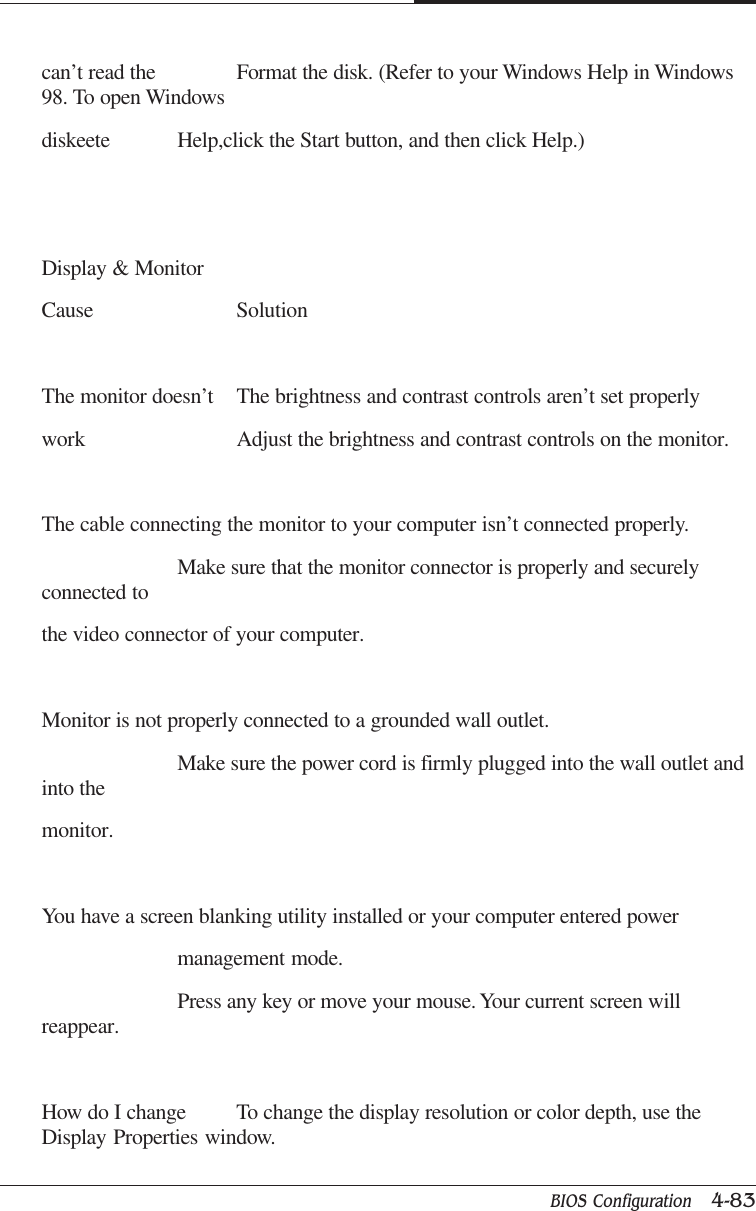 BIOS Configuration   4-83CAPTUER 4can’t read the Format the disk. (Refer to your Windows Help in Windows98. To open Windowsdiskeete Help,click the Start button, and then click Help.)Display &amp; MonitorCause SolutionThe monitor doesn’t The brightness and contrast controls aren’t set properlywork Adjust the brightness and contrast controls on the monitor.The cable connecting the monitor to your computer isn’t connected properly.Make sure that the monitor connector is properly and securelyconnected tothe video connector of your computer.Monitor is not properly connected to a grounded wall outlet.Make sure the power cord is firmly plugged into the wall outlet andinto themonitor.You have a screen blanking utility installed or your computer entered powermanagement mode.Press any key or move your mouse. Your current screen willreappear.How do I change To change the display resolution or color depth, use theDisplay Properties window.